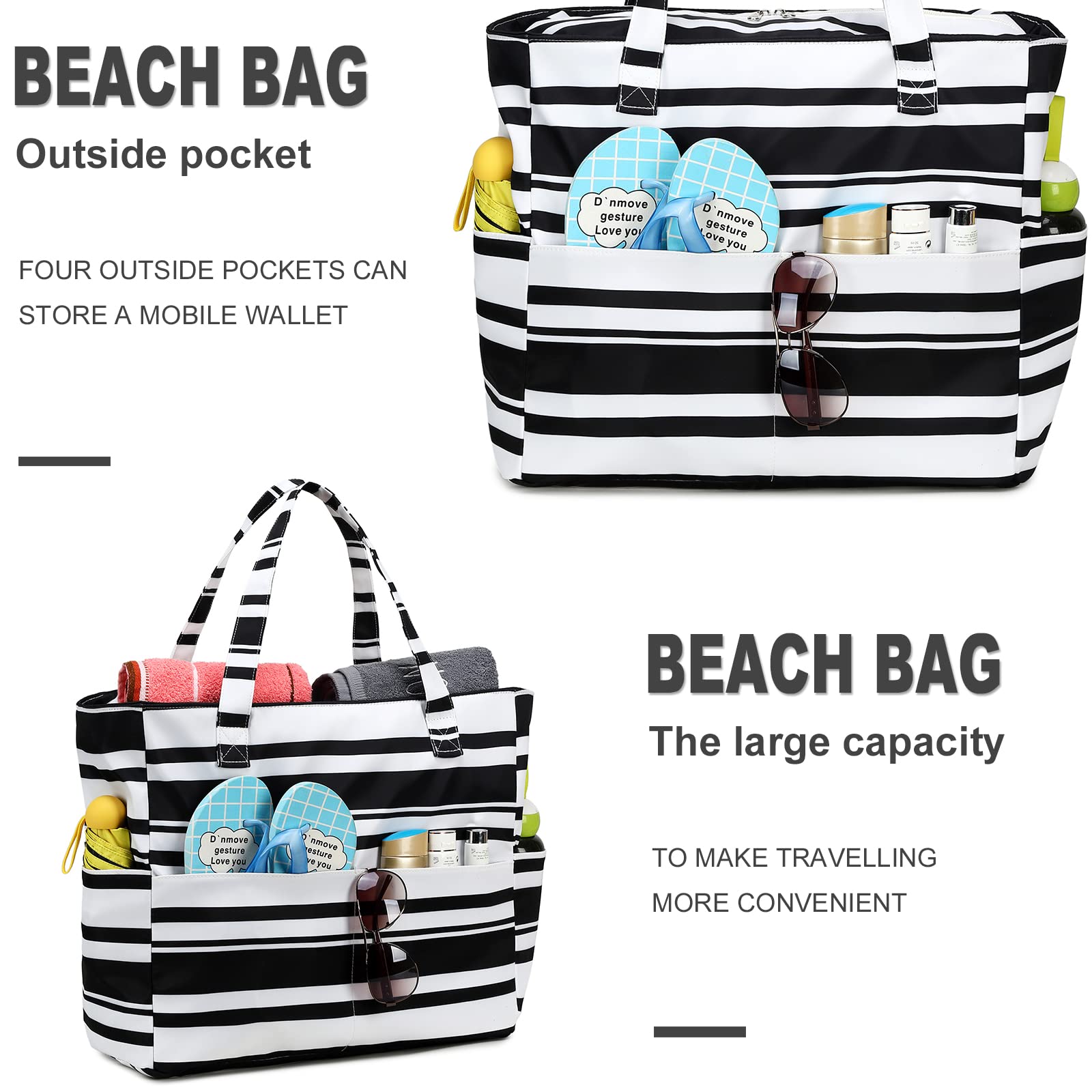 Waterproof Large Beach Tote Bag for Women - Sandproof Zippered Pool & Gym Bag with Wet Pocket - Perfect for Beach, Travel, Shopping & Groceries