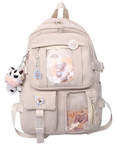 Kawaii Aesthetic Backpack for School - Cute Beige Medium/Large Size with Pins | Perfect for College, Anime Conventions & Everyday Use