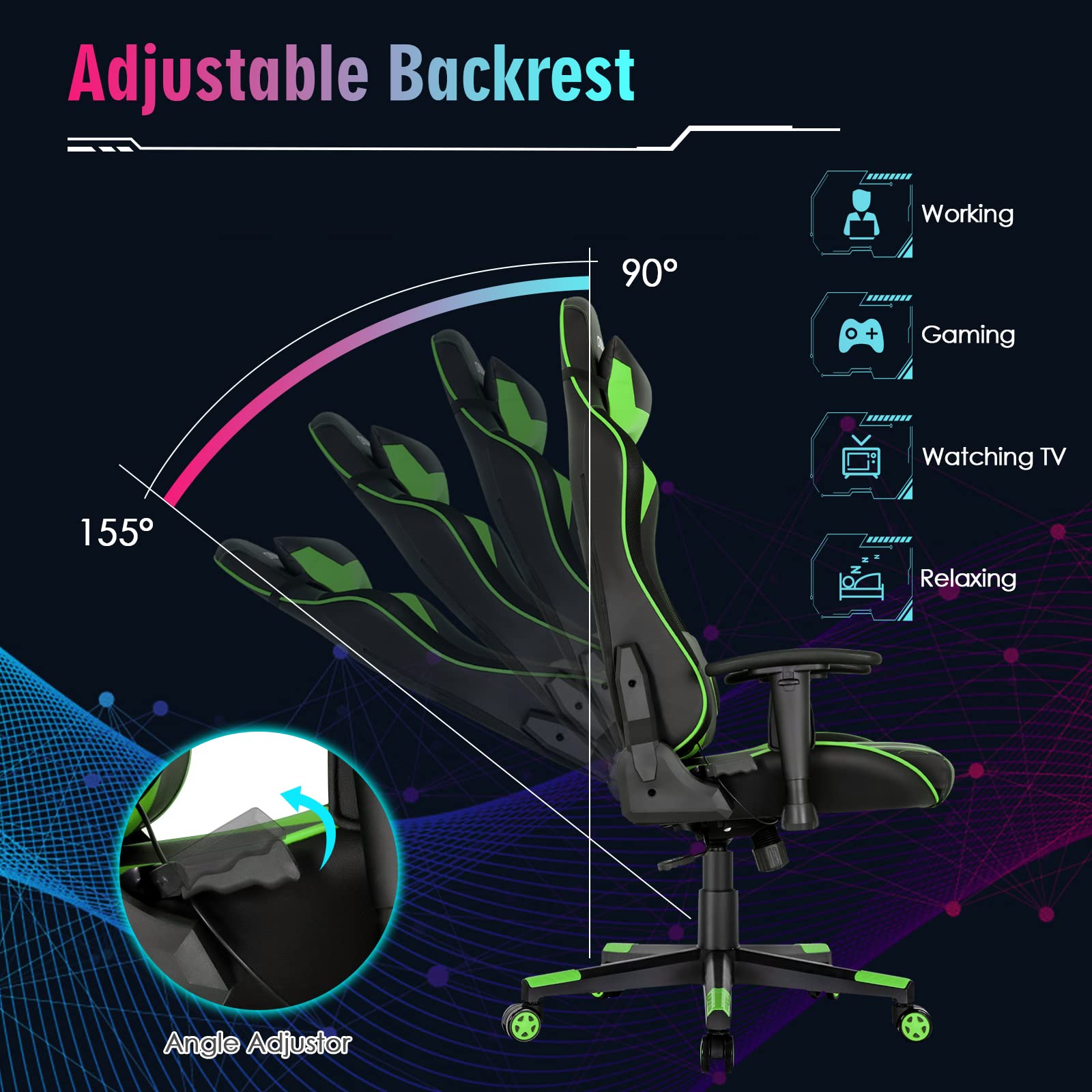 Powerstone RGB Gaming Chair - Ergonomic High Back Racing Style Computer Chair for Adults with Adjustable Lumbar Support & Armrests - Perfect for Esports, Office Work & Home Gaming Setup (Green)