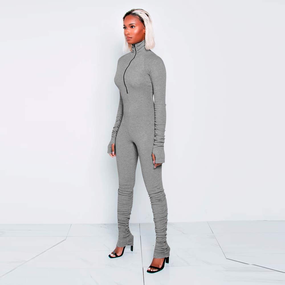 XLLAIS Women's High Neck Zipper Ruched Bodycon Jumpsuit Tracksuit with Thumb Holes - Slim Fit Workout Outfit for Yoga, Gym & Casual Wear