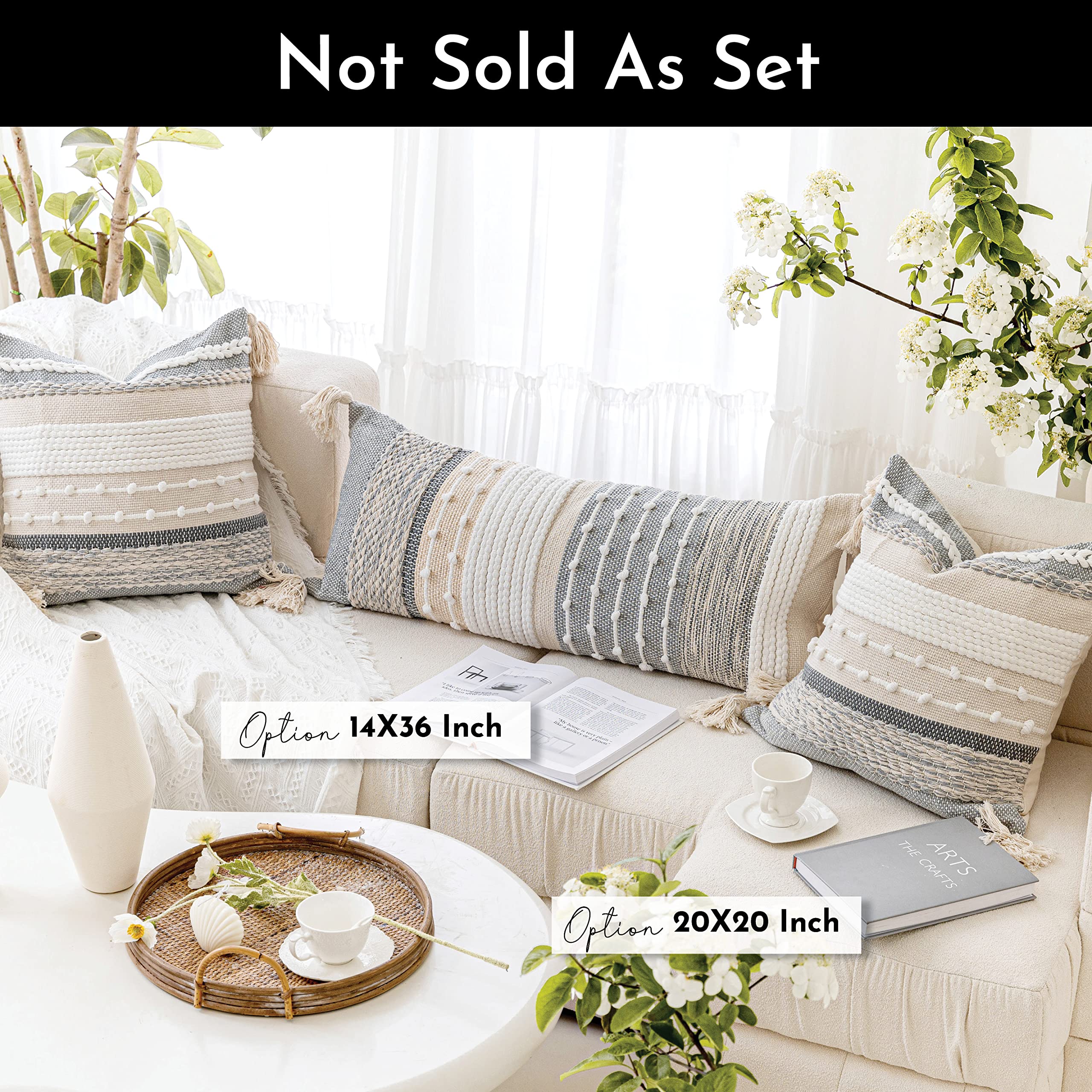 Gray Boho Lumbar Pillow Cover 14x36 - Modern Woven Textured Decorative Throw Pillow Case for Sofa, Bed & Couch - Bohemian Home Decor Accent for Living Room, Bedroom & Nursery