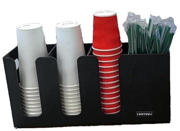HAITIAN 4-Compartment Paper Cup Holder & Straw Storage Organizer - 4mm Thick Durable ABS Plastic in Black (HT-4-30211FBA) - Perfect for Restaurants, Coffee Shops, and Office Break Rooms