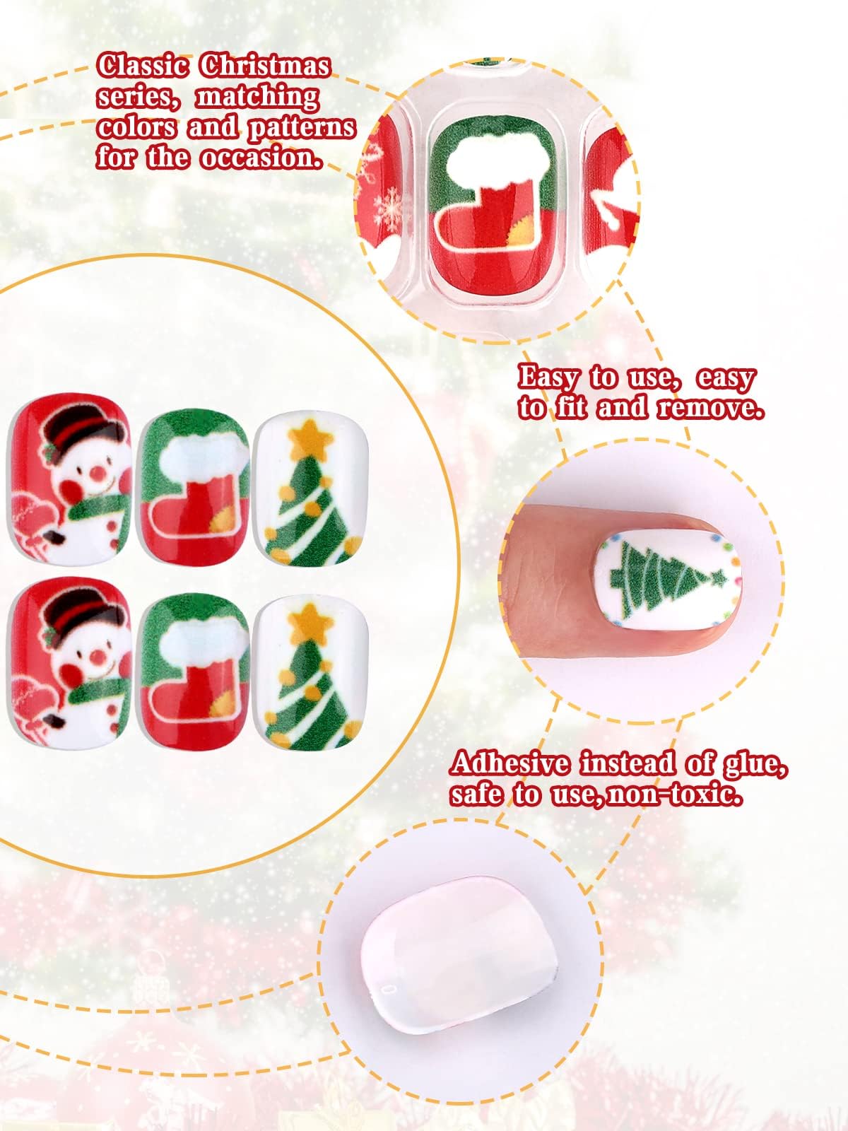 EBANKU 6 Packs Christmas Press on Nails for Kids - Short False Fingernails with 3D Santa Claus Snowman & Christmas Tree Designs - Perfect for Girls Holiday Parties, School Events & Family Gatherings