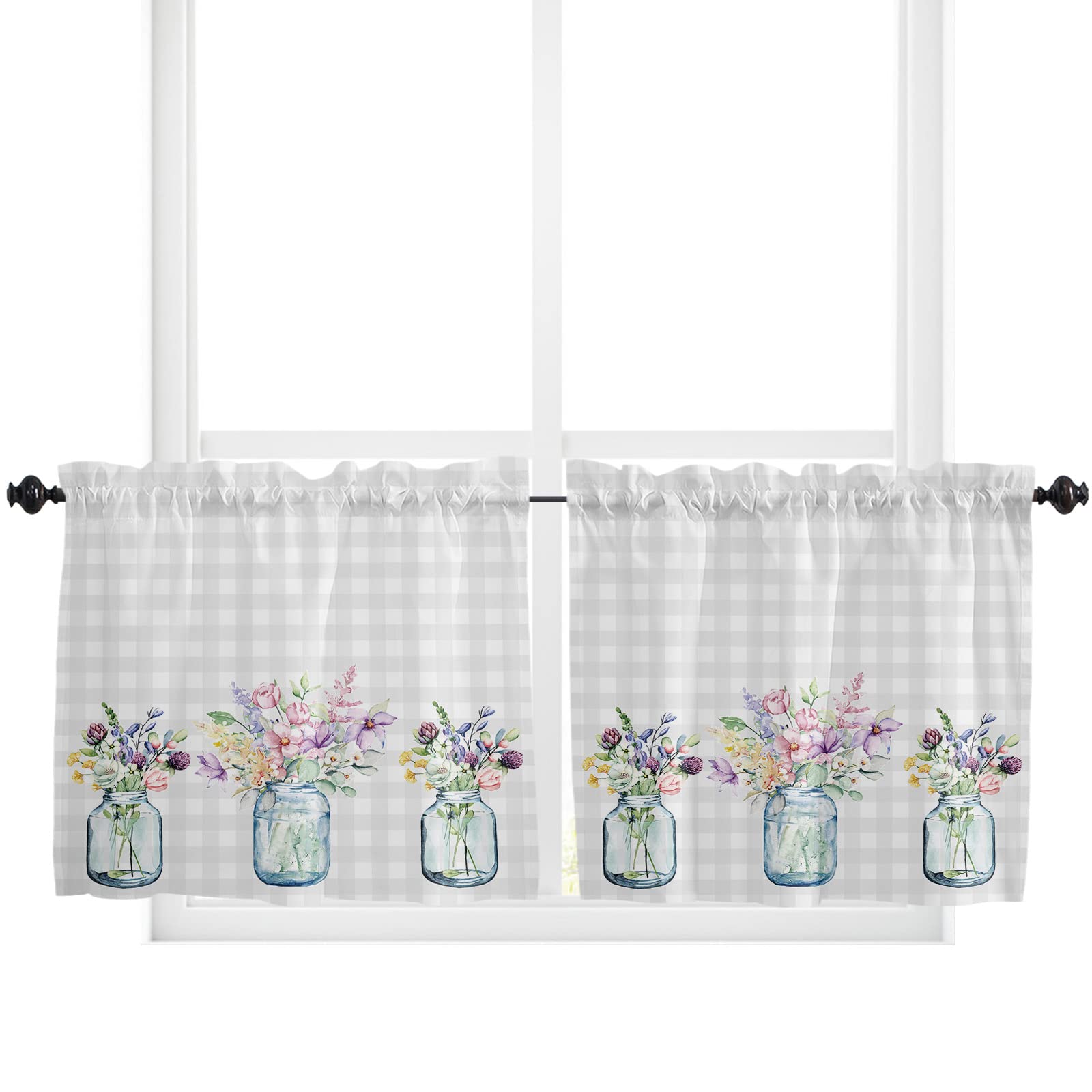 Spring Floral 2-Panel Kitchen Curtains for Small Windows - Pink Plaid Colorful Summer Flowers Rod Pocket Bathroom Tier Curtains (55