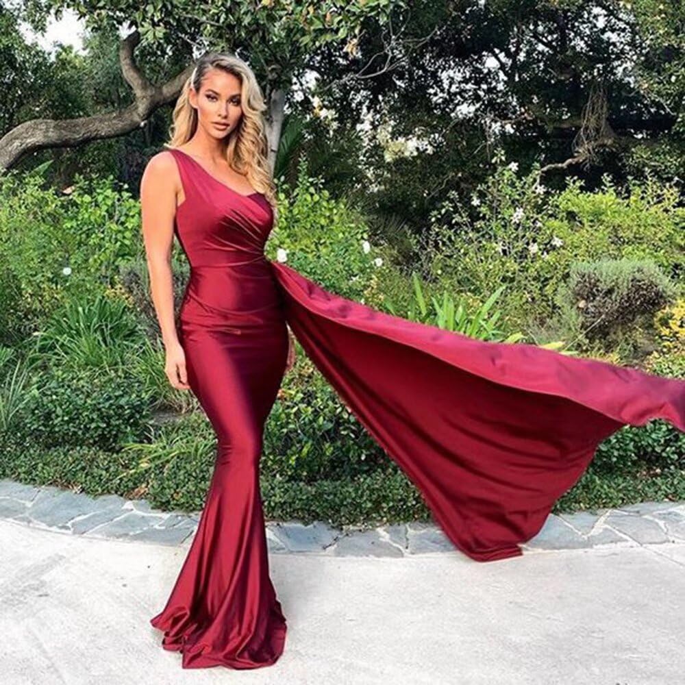 Elegant One Shoulder Prom Dresses Long Mermaid Satin Bridesmaid Gowns for Women - Formal Evening Dresses with Train for Weddings, Galas & Special Occasions