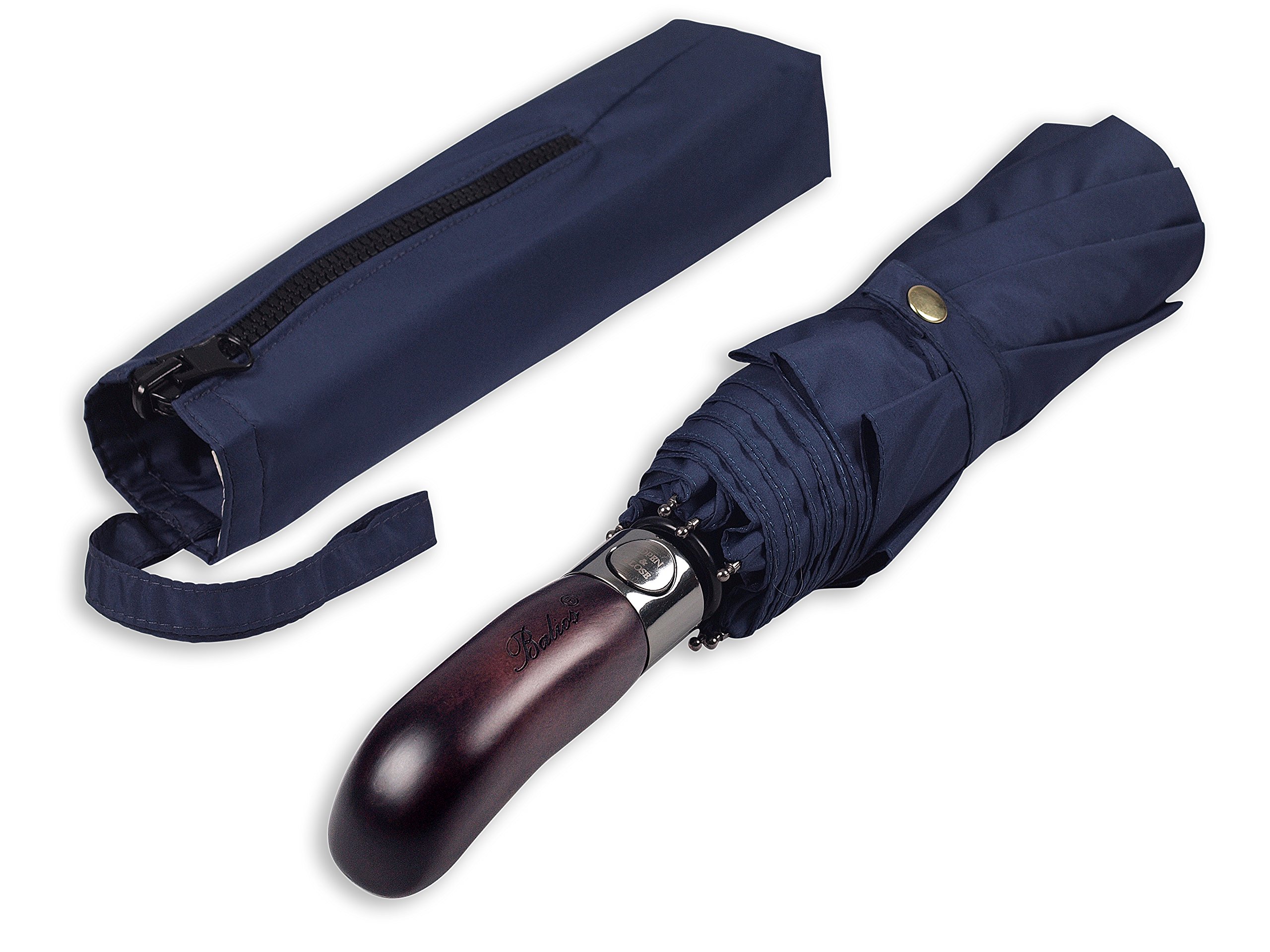 Balios Travel Folding Umbrella with Real Wood Handle - Auto Open/Close, Vented Windproof Canopy for Rain & Sun Protection - Compact & Lightweight for Travel, Commuting, and Outdoor Activities - Designed in UK