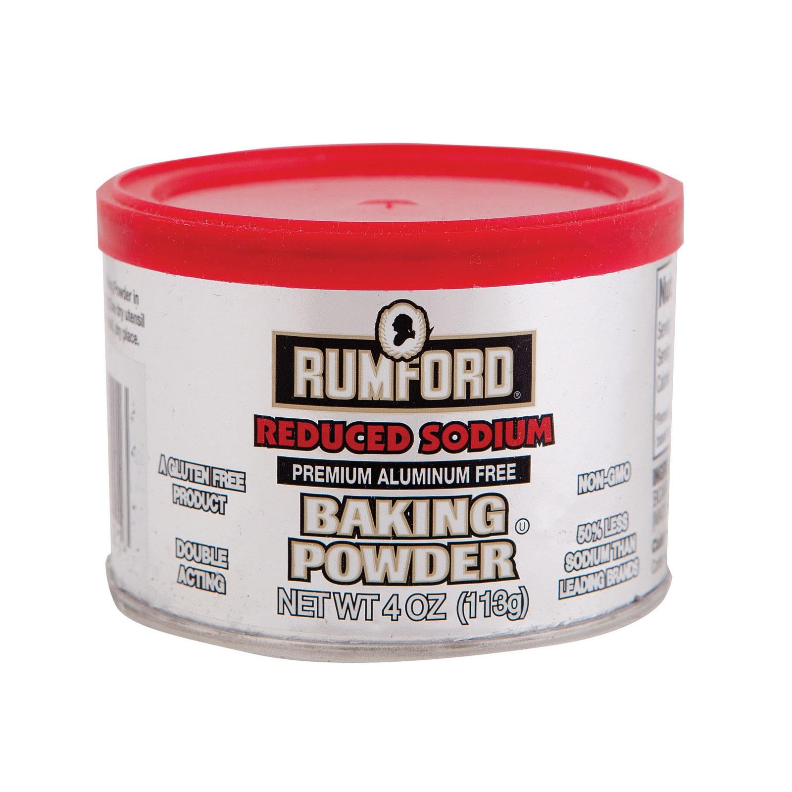 Rumford Reduced Sodium Baking Powder 4oz - Non-GMO, Gluten Free, Vegan & Vegetarian Friendly - Double Acting Baking Powder in Resealable Can with Easy Measure Lid - Kosher & Halal Certified (Pack of 24) - Perfect for Baking Cakes, Cookies, Breads and More