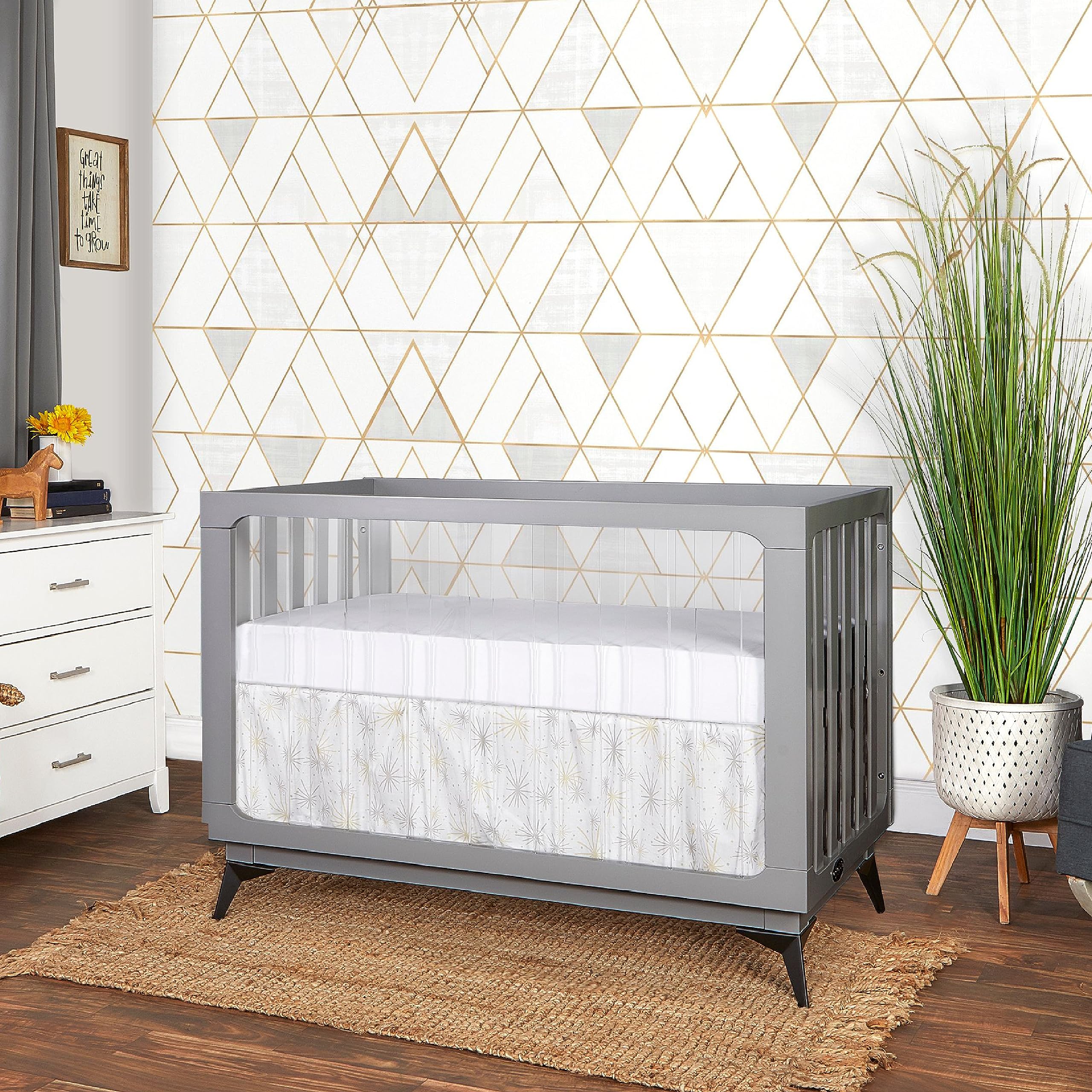 Evolur Acrylic Millennium 4-in-1 Convertible Baby Crib - Modern Full Size Nursery Bed Converts to Toddler Bed & Daybed - Adjustable Mattress Support with Acrylic Slats in Pebble Grey - Perfect for Nursery, Bedroom & Daycare Use