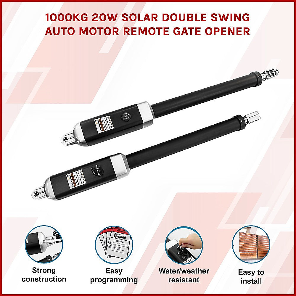 1000KG 20W Solar Powered Double Swing Automatic Gate Opener with Remote Control - Ideal for Driveway, Farm, and Ranch Security Access