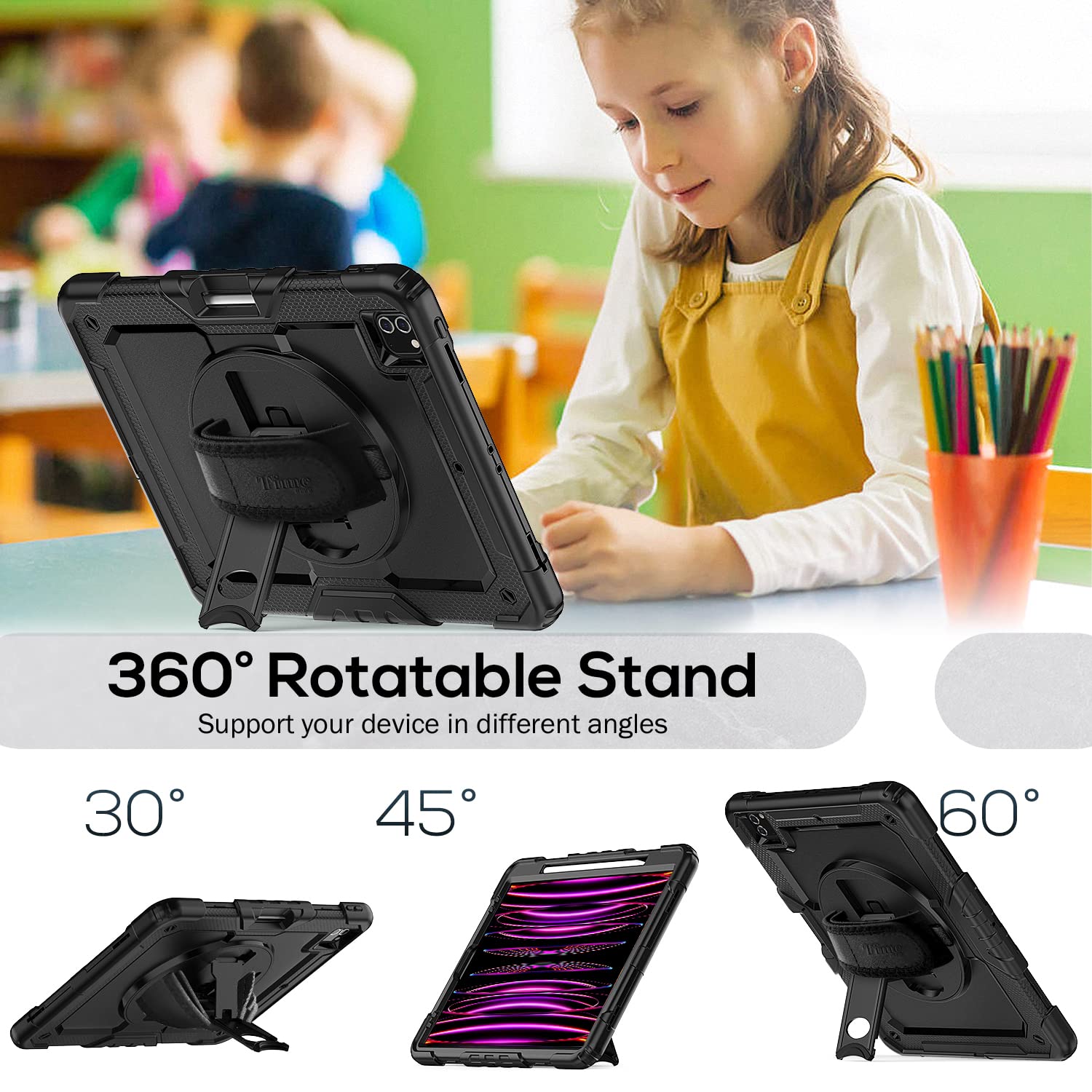 Timecity Protective Case for iPad Pro 12.9 (6th/5th/4th/3rd Gen 2022-2018) with Screen Protector, Rotating Stand & Hand/Shoulder Strap - Supports Apple Pencil 2 Charging - Black | Perfect for Work, Travel & Home Use