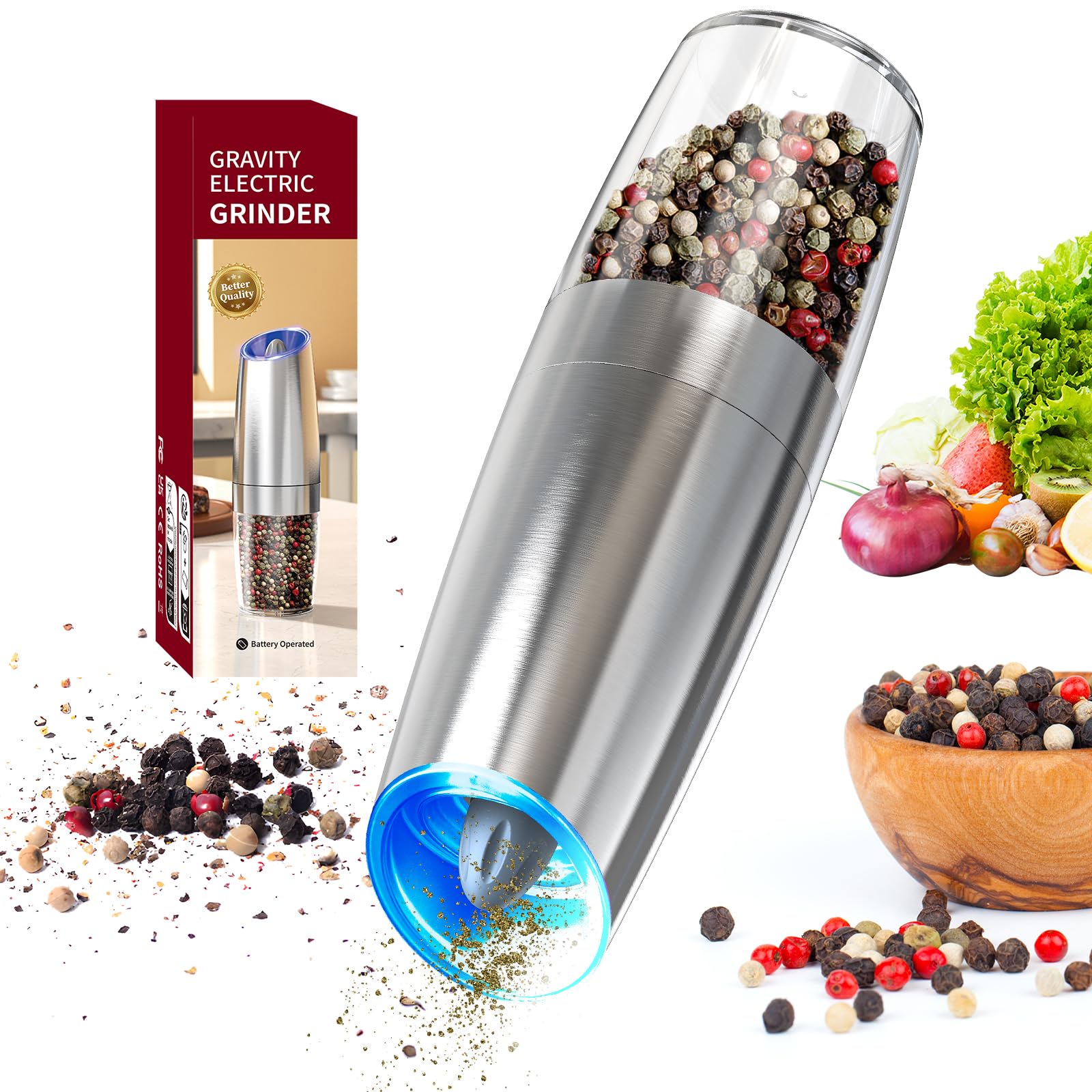 Premium Electric Pepper Grinder & Salt Mill - CIRCLE JOY Automatic Battery-Operated Stainless Steel Spice Grinder with LED Light & Adjustable Coarseness - Perfect for Home Kitchen, BBQ, Restaurants & Gourmet Cooking