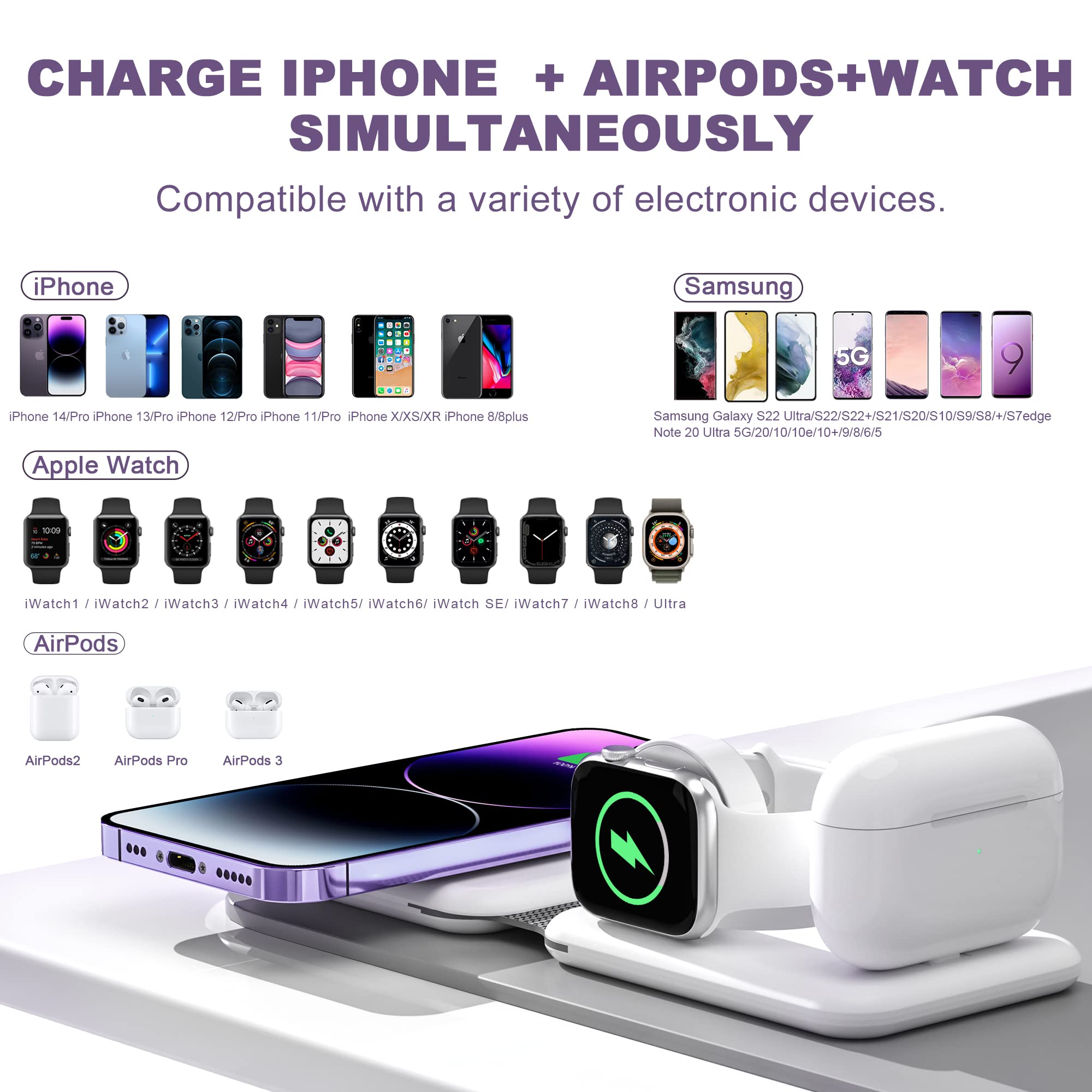BAMEEY 3-in-1 Foldable Wireless Charging Station for iPhone 16, Apple Watch Ultra (GPS+Cellular 49mm) Series 8/7/6 & AirPods - Includes Travel Pouch Bag | Fast Charging Pad for Home, Office & Travel