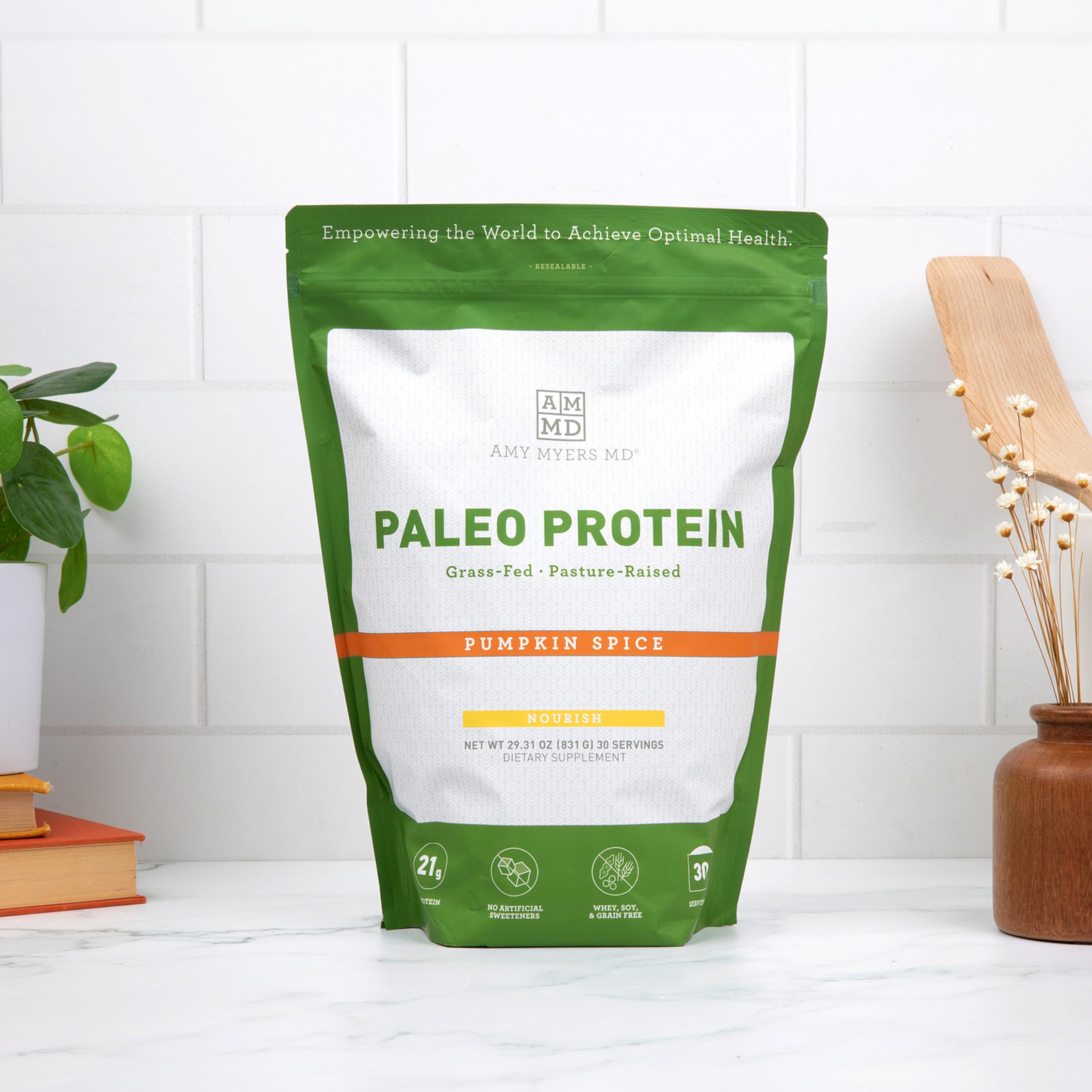 Amy Myers MD Pure Paleo Protein Powder - Grass Fed, Hormone Free, Non-GMO, Gluten & Dairy Free - Keto & Paleo Friendly Protein Supplement - 29.31 Oz Pumpkin Spice Flavor - Ideal for Smoothies, Baking & Post-Workout Recovery