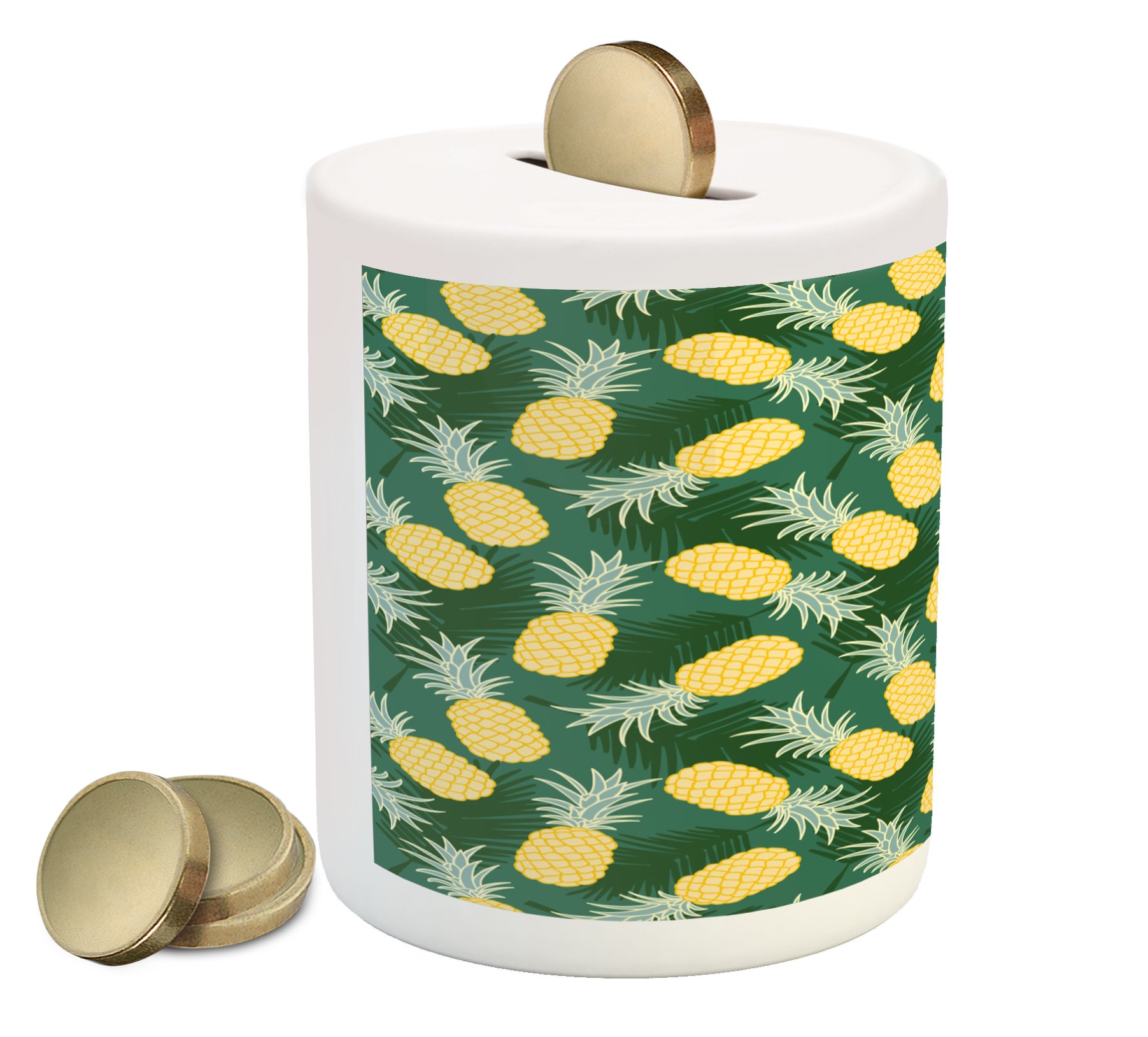 Ambesonne Hawaii Ceramic Piggy Bank - Monochrome Palm Leaves & Exotic Pineapple Design, Money Saving Box for Coins & Cash (Yellow, Fern Green, Pale Green) - Perfect for Hawaiian-Themed Home Decor, Tropical Gift Ideas & Kids Savings