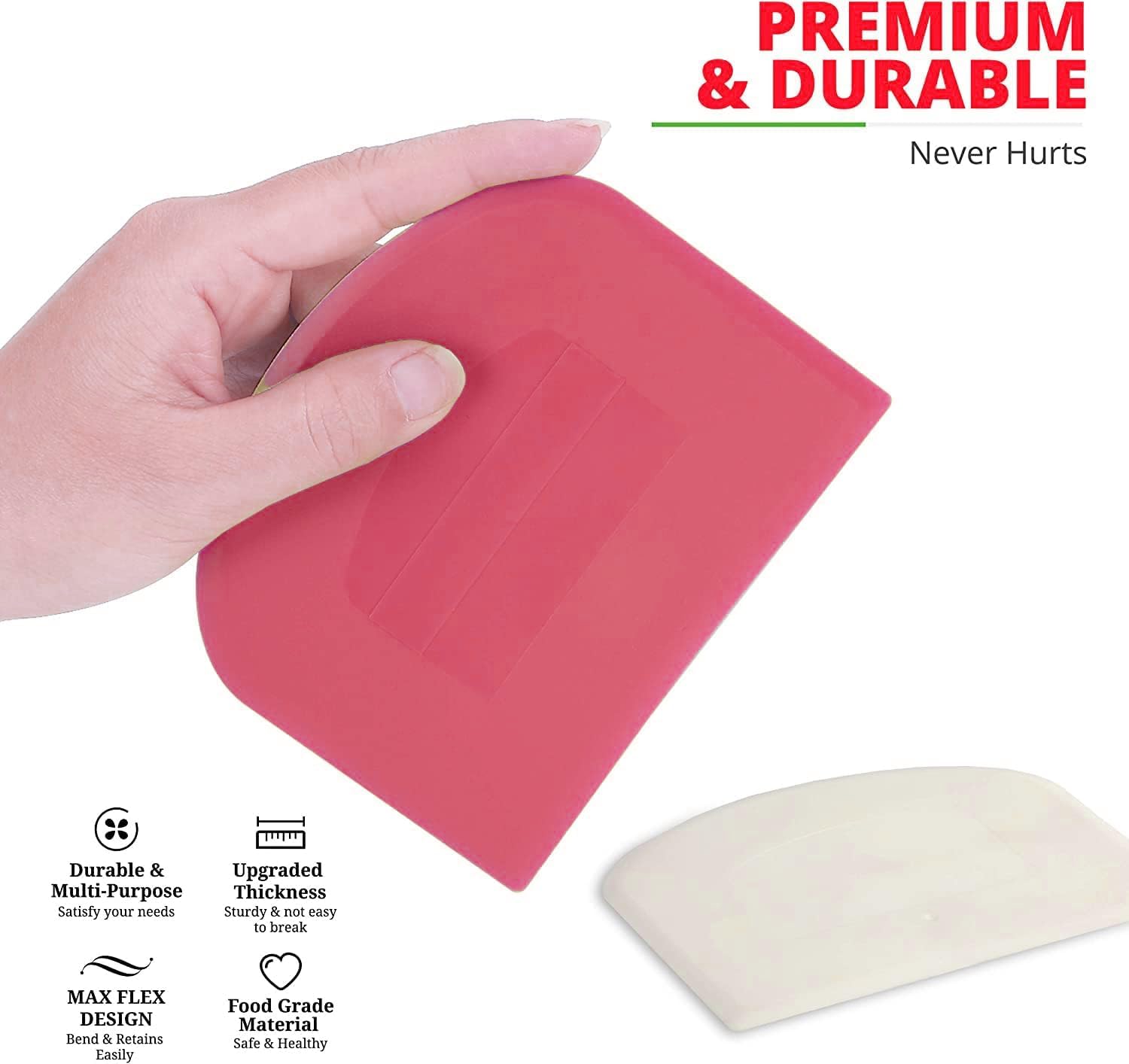 PRODINE Dual-Sided Dough Scraper Set of 2 - Flexible Food-Grade Plastic Bowl Scraper with Measurements for Baking Bread, Pizza, Pastry - Cream Smoother Tool for Bakers (White & Pink) | Perfect for Home Bakers, Professional Kitchens & Cake Decorating