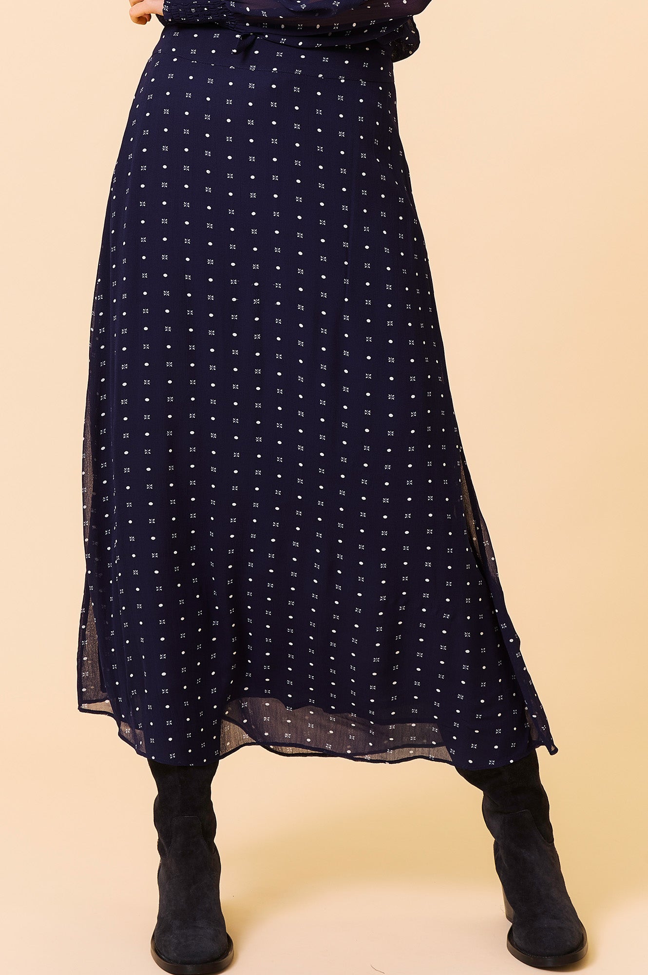 Kate Skirt - Navy & White Polka Dot Flared Midi Skirt for Women | Casual & Office Wear | Perfect for Spring & Summer Outfits