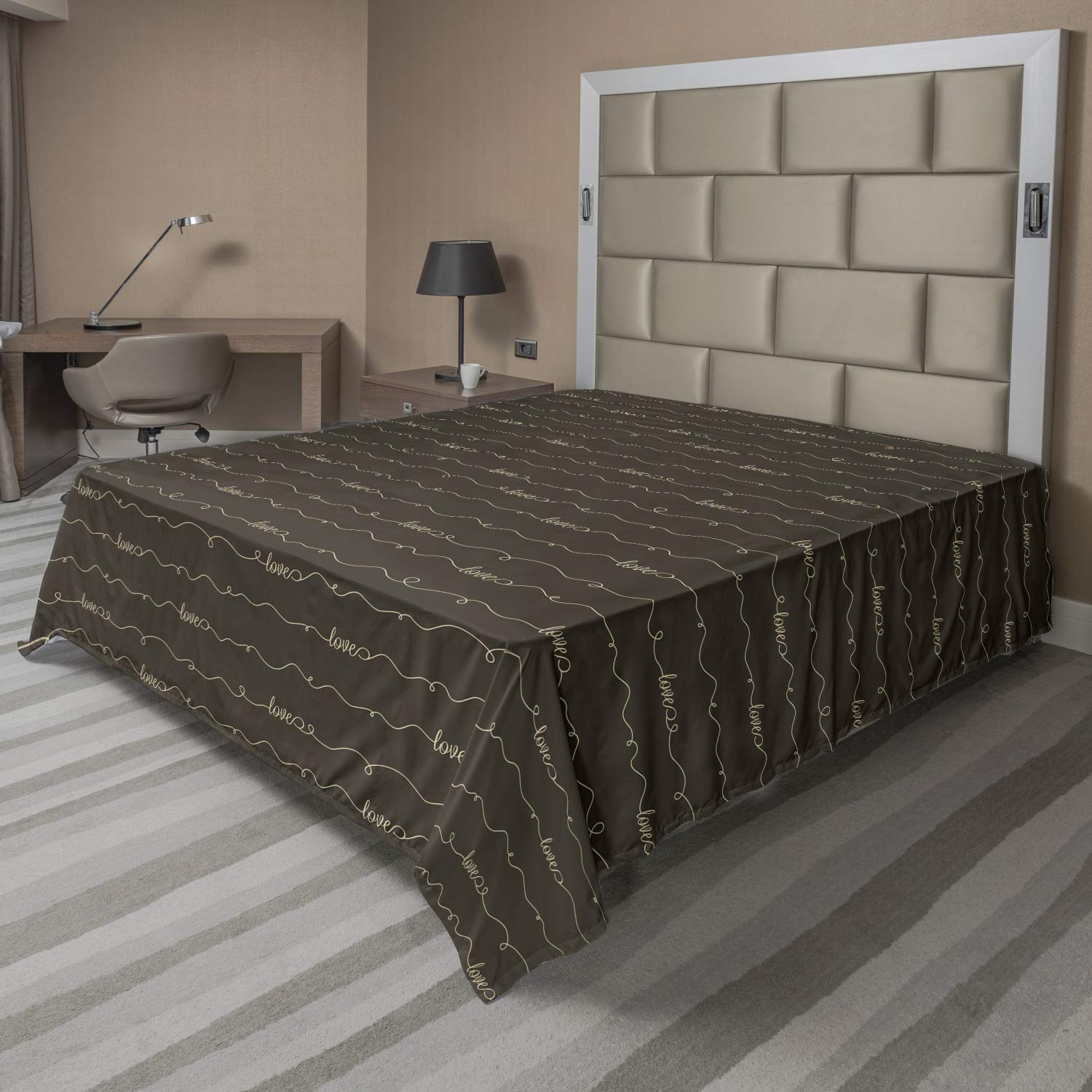 Ambesonne King Size Dark Brown & Cream Flat Sheet - Soft, Comfortable Decorative Top Bedding with 'Hope Love Fun Happy' Lettering - Perfect for Bedrooms, Photo Backdrops & Home Decor