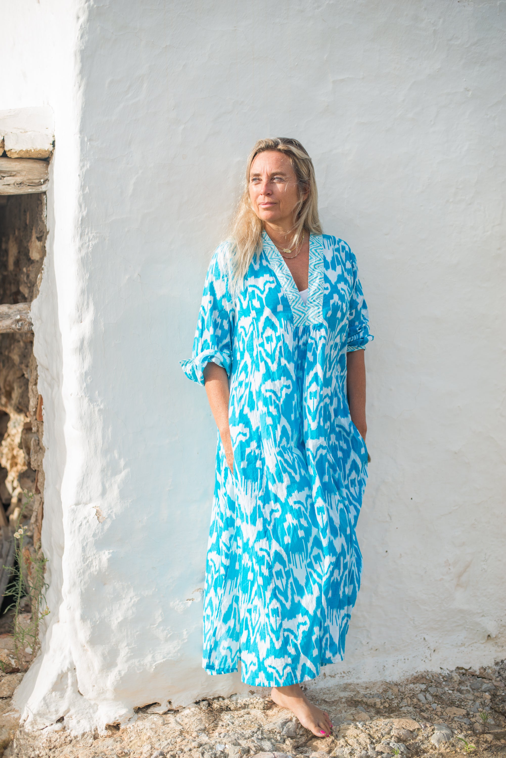 Bohemian Ikat Kaftan Dress - Turquoise Blue Flowy Beach Cover Up for Women | Perfect for Ibiza Vacations, Pool Parties & Summer Getaways