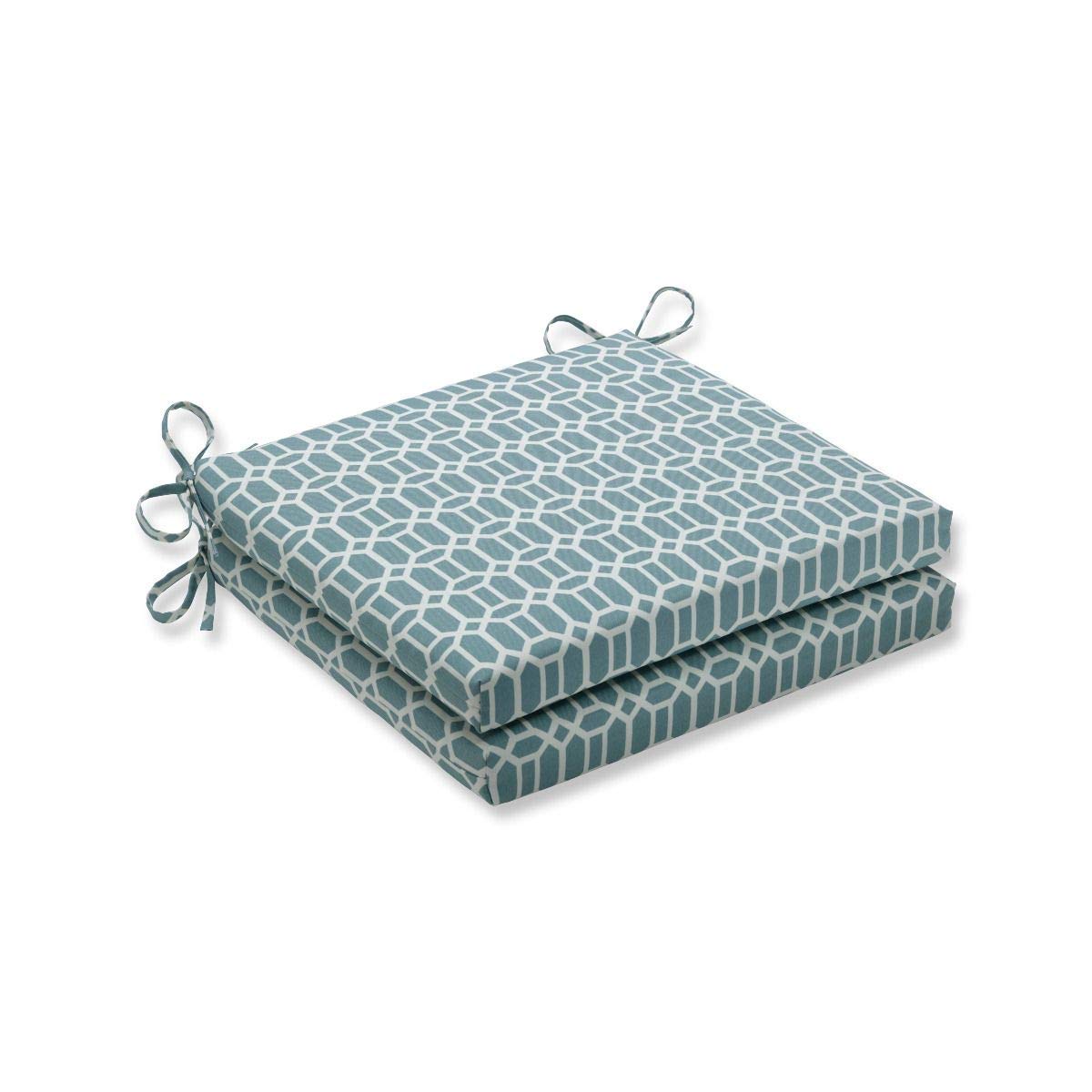 Set of 2 Blue and White Geometric Outdoor Patio Chair Cushions with Ties - 20 Inch Waterproof Seat Cushions for Garden, Poolside & Deck Furniture - Durable CC Home Furnishings