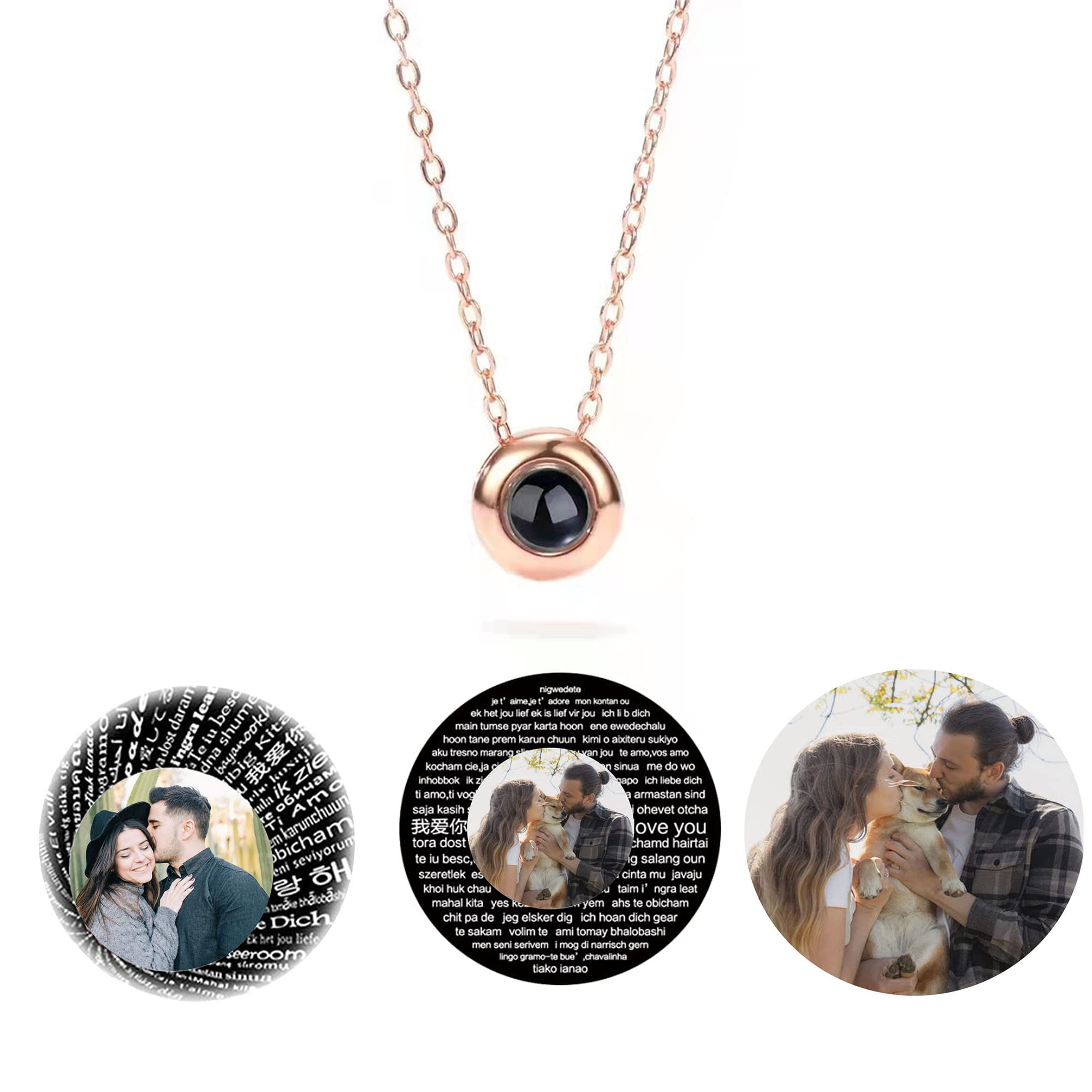 Personalized Round Photo Projection Necklace - Custom Engraved I Love You in 100 Languages Jewelry Gift for Women, Mom, Wife - Perfect for Anniversaries, Valentine's Day & Romantic Occasions