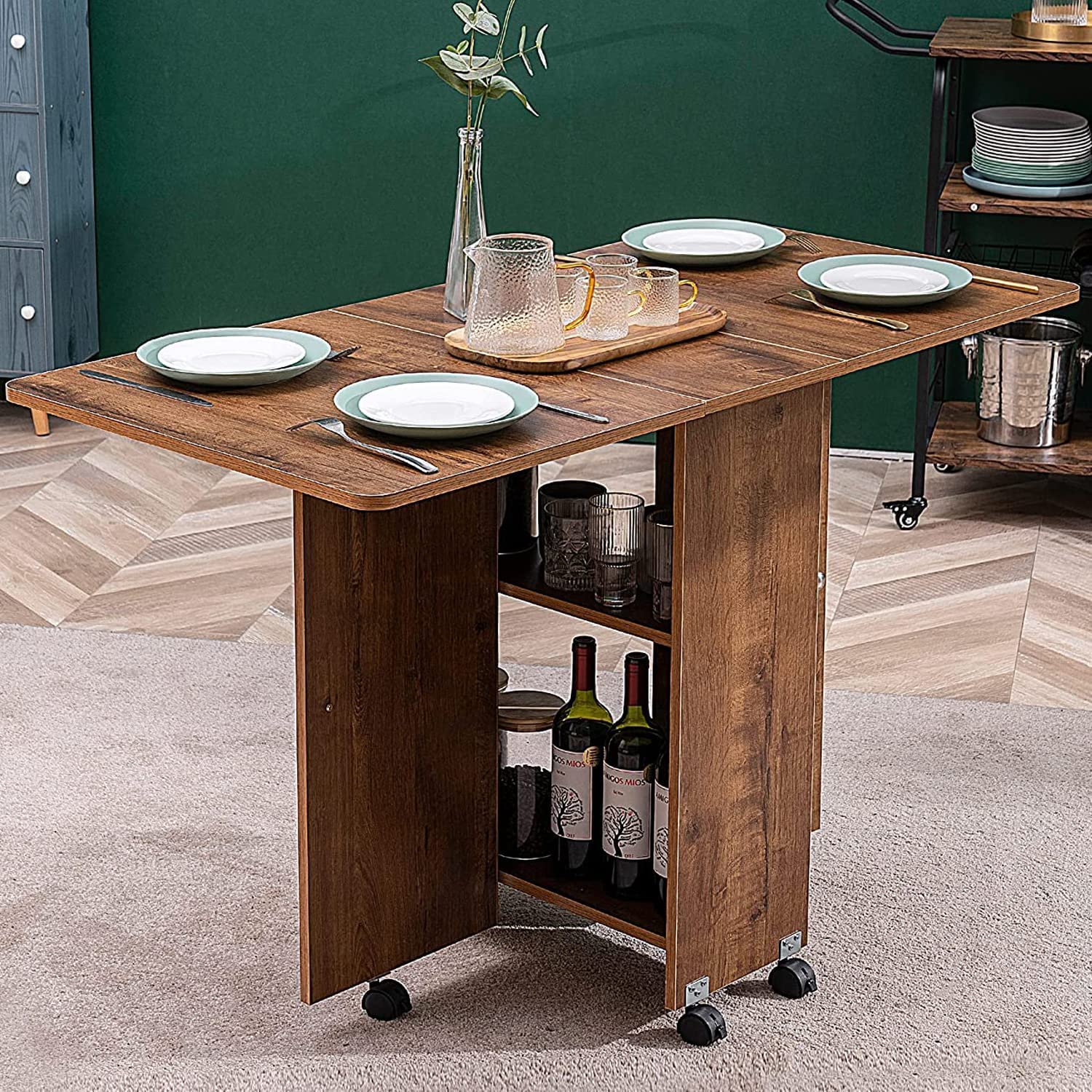 WAYTRIM Mobile Folding Dining Table - 6-Wheel Rolling Kitchen Cart with 2 Storage Shelves, Space Saving Extendable Table for Small Spaces - Perfect for Apartments, Dorms, RV Living & Compact Kitchens
