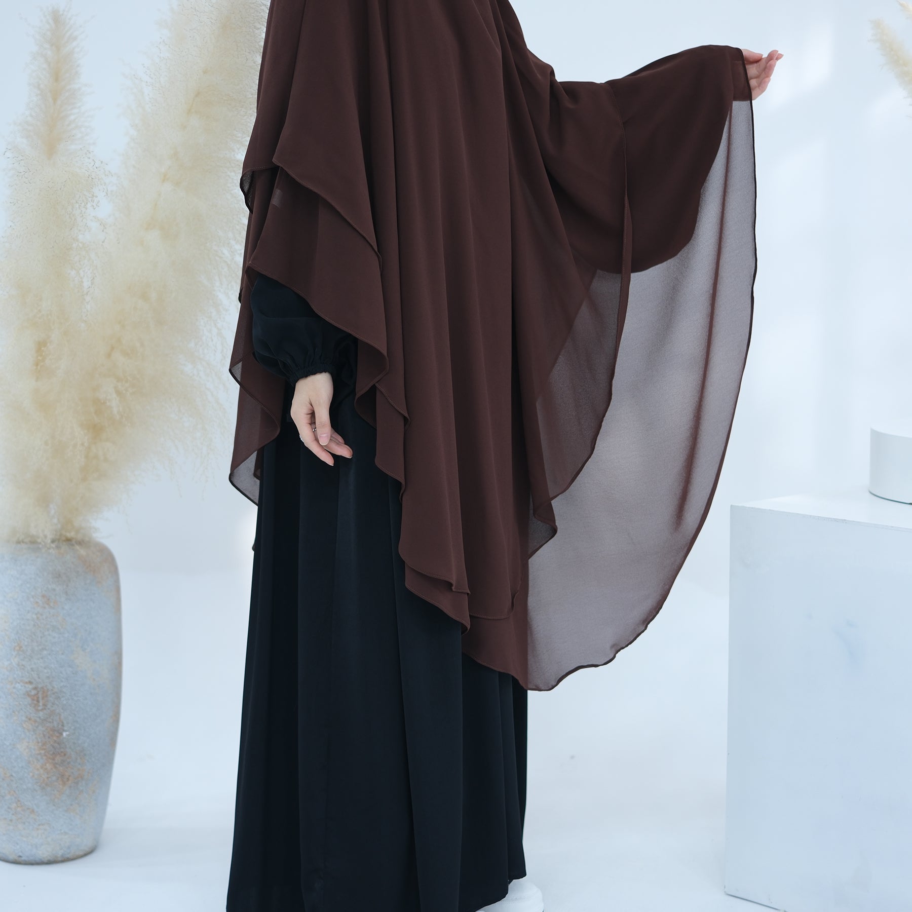 2 Layer Maxi Chiffon Khimar Scarf - Elegant Coffee Color Muslim Prayer Hijab for Women, Perfect for Daily Wear, Prayer, and Special Occasions