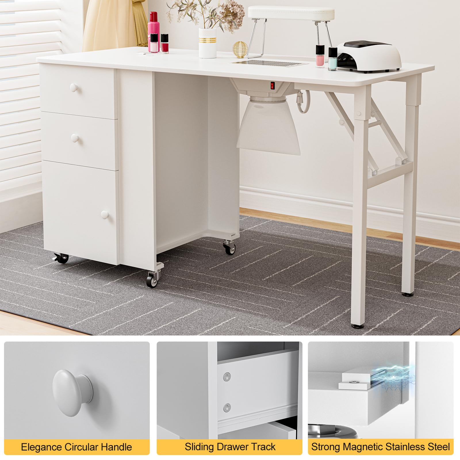 Foldable Manicure Table with Built-in Dust Collector - Adjustable Nail Desk for Professionals | Portable Rolling Nail Station with Wrist Support & Lockable Wheels | Perfect for Home Salons & Mobile Nail Technicians (White)
