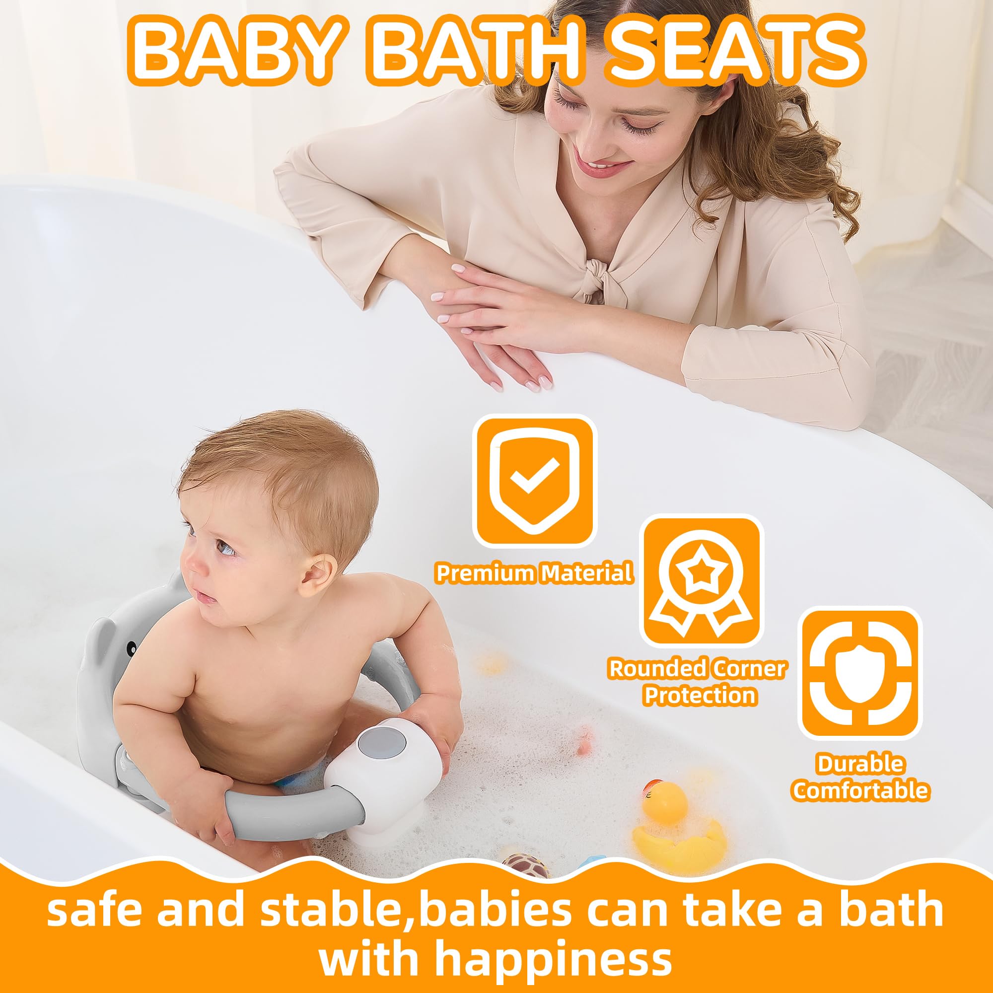**Non-Slip Baby Bath Seat for Infants 6+ Months – Safe Toddler Bathtub Chair with 4 Suction Cups & Soft Cushion – Gray – Perfect for Newborns Learning to Sit Up in Shower or Tub**
