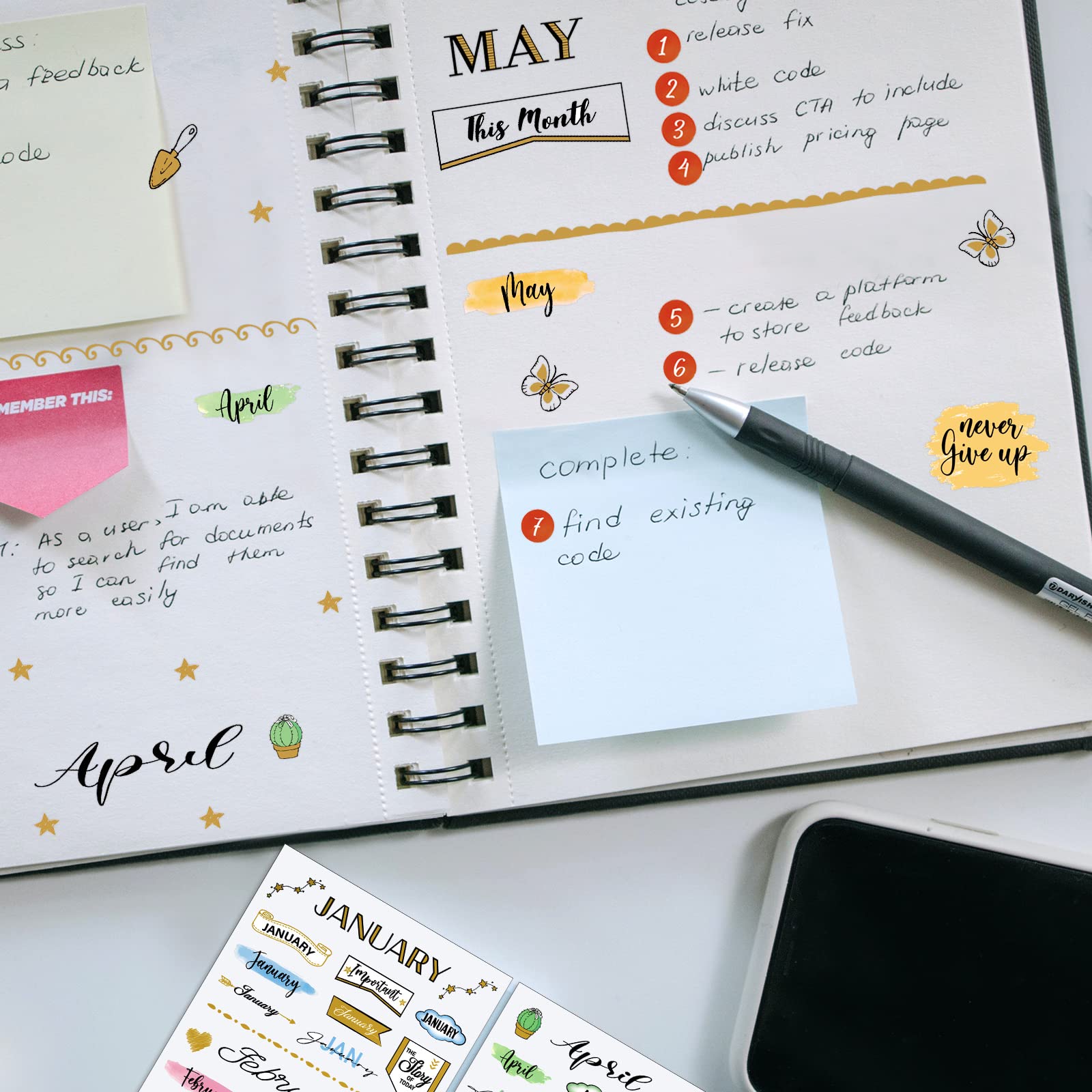 Eersida 16 Sheets Planner Stickers - 4 Monthly & 12 Round Colorful Date Tabs with Free Tweezer | Bullet Journal, Scrapbooking, DIY Calendar Organization