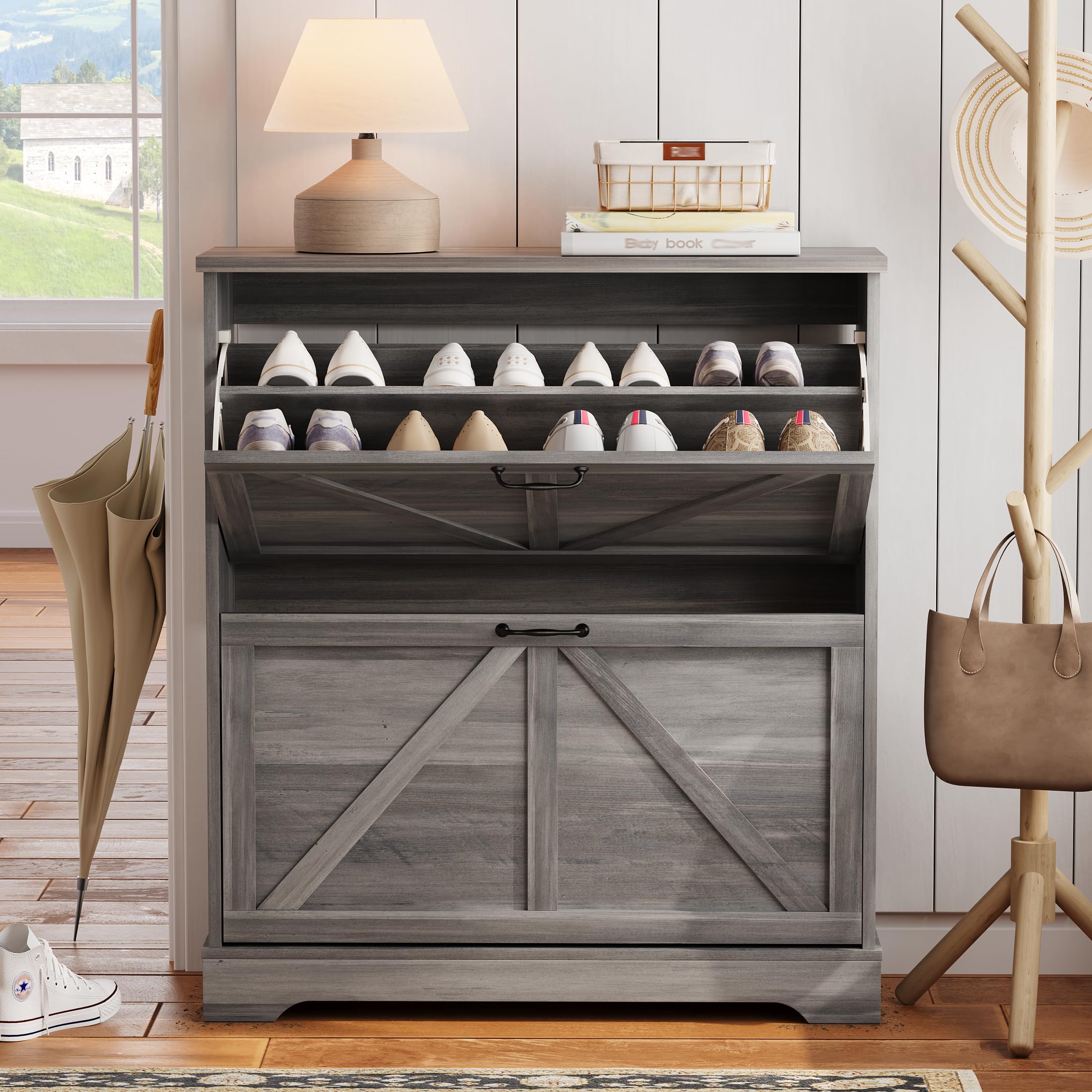 Semiocthome Farmhouse Shoe Storage Cabinet with 2 Flip Drawers - 31.5