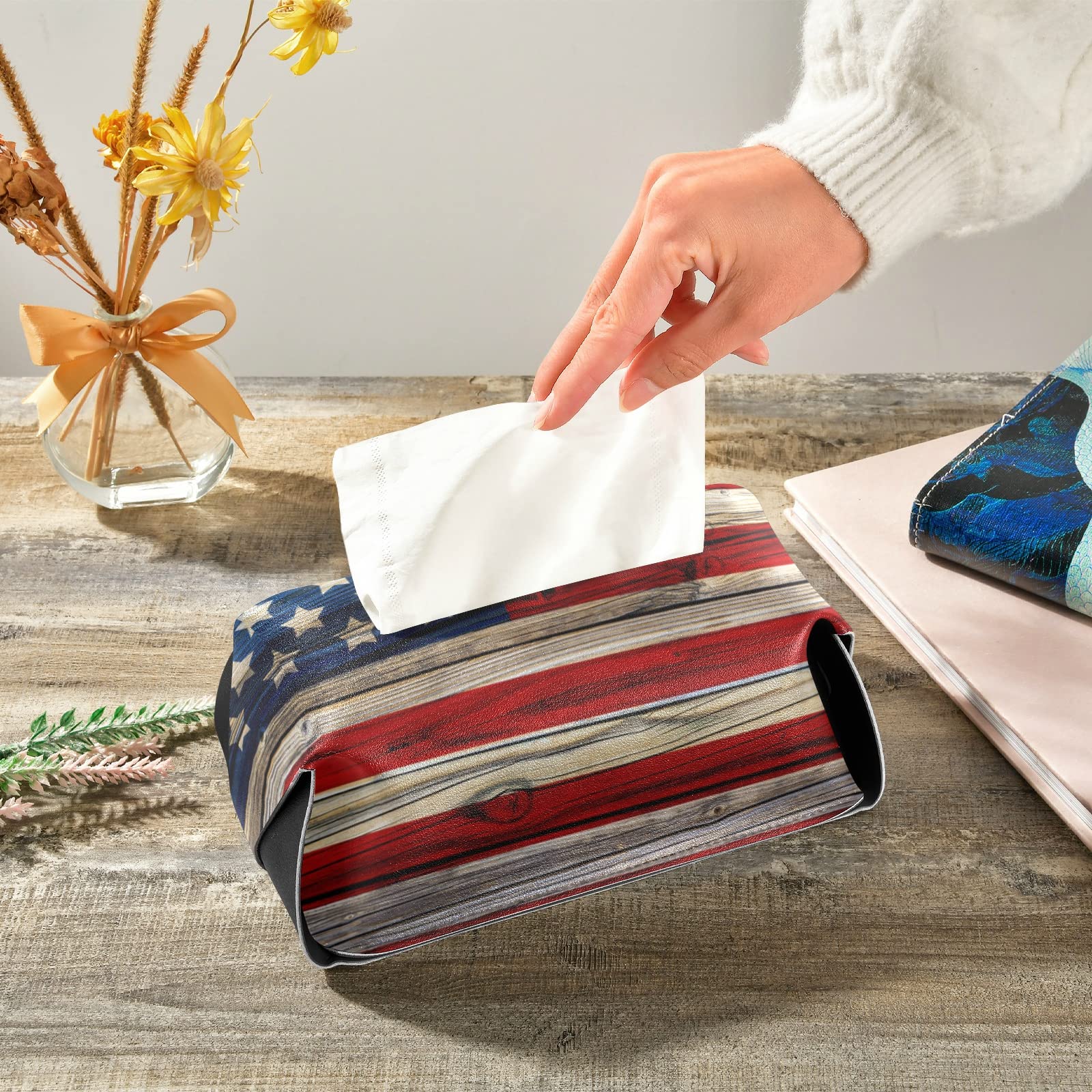 American Flag Wooden Tissue Box Cover - PU Leather Rectangular Tissue Holder with Handle for Home, Office, Bedroom & Bathroom | Patriotic Home Decor & Gift Idea