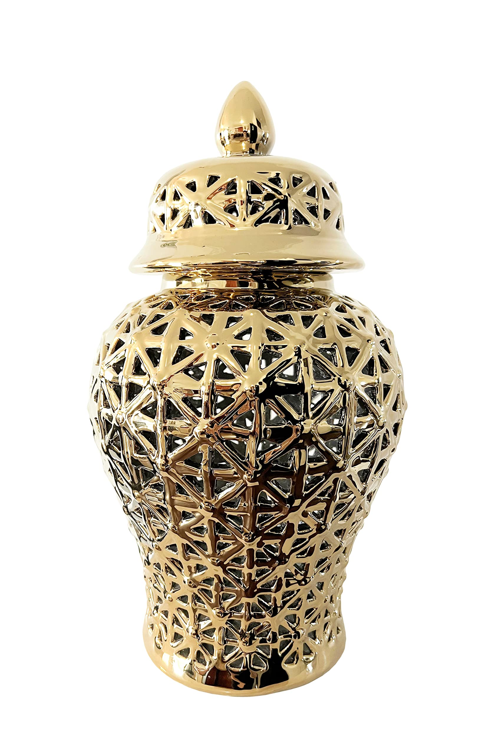 Noori Home - 100% Modern Glam Artisan Ceramic ARIA Small Gold Ginger Jar Urn with Lid 7.5x7.5x14.5 Inches - Elegant Home Decor for Living Room, Bedroom, or Office Display