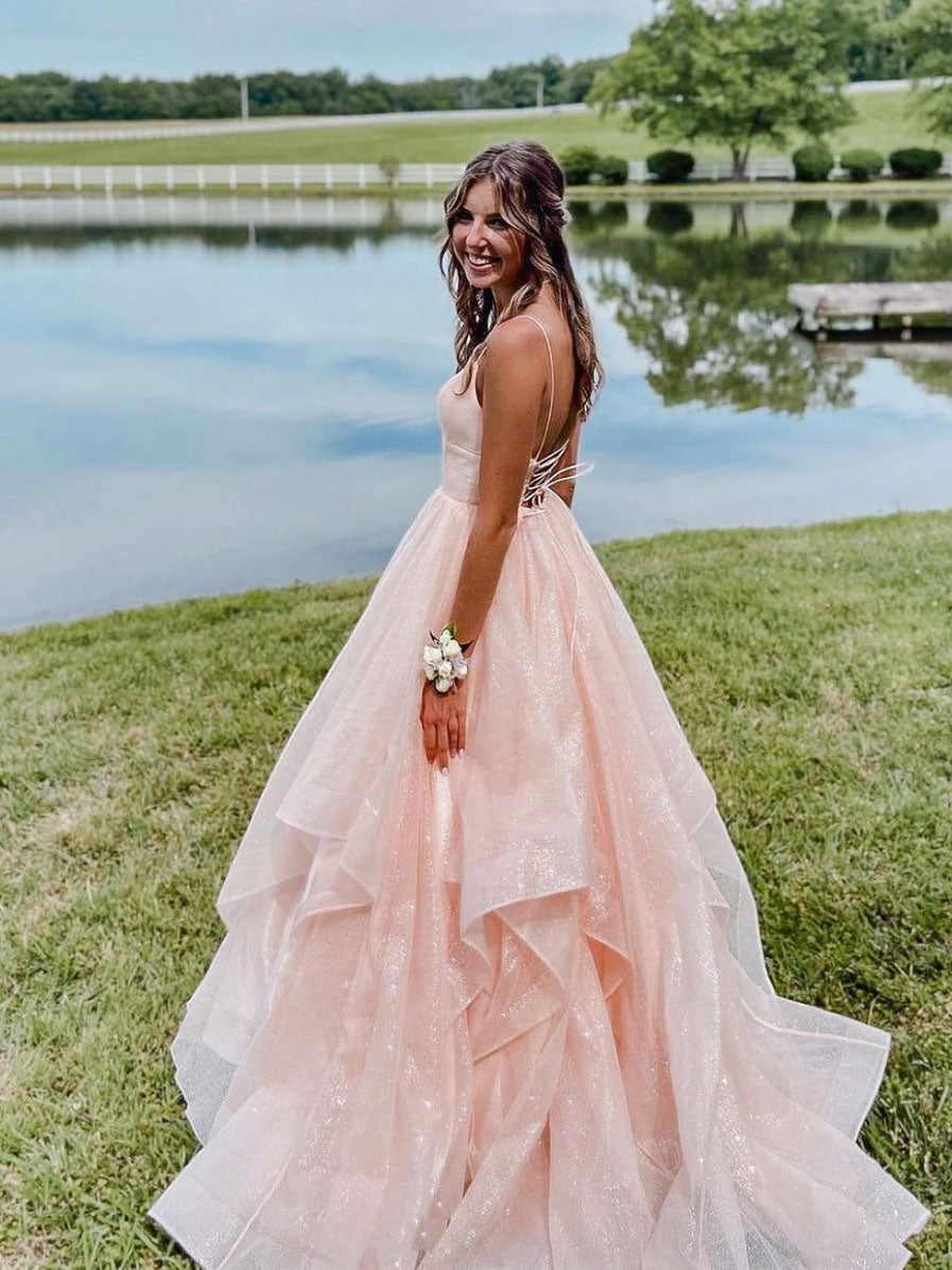Elegant Pink Long Prom Dress with V-Neck Tulle Design - Formal Graduation Gown for Women - Perfect for Prom Night, Homecoming, and Special Occasions