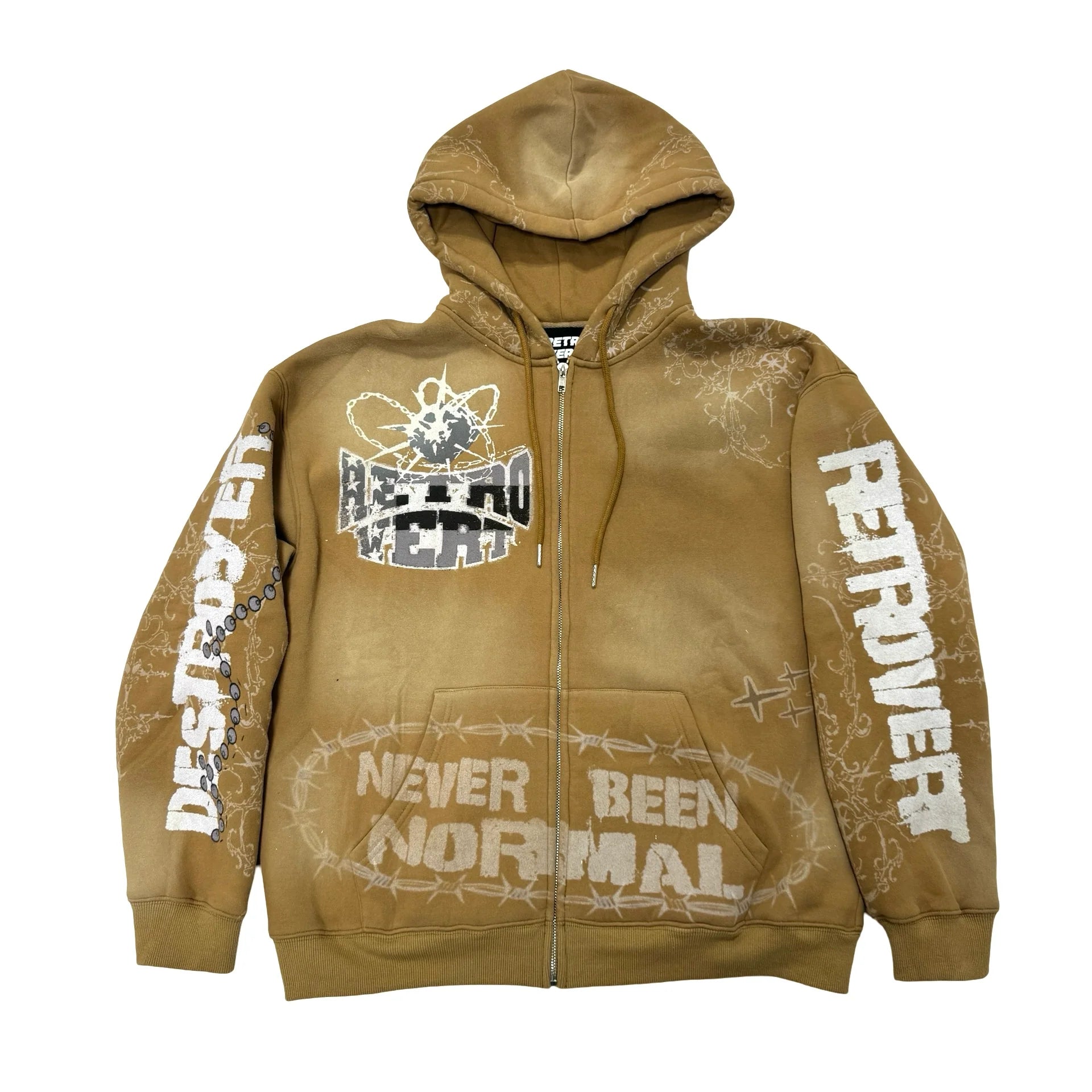 Retrovert Destroyer Matching Zip-Up Sand Hoodie - Vintage Style Unisex Pullover for Streetwear & Casual Outfits | Perfect for Urban Fashion, Skateboarding & Everyday Wear