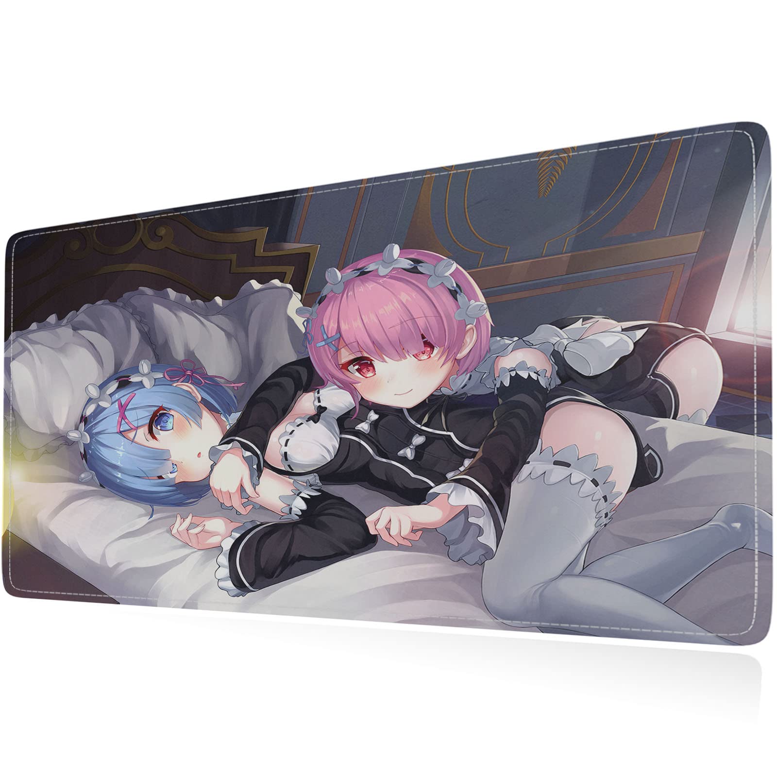 Anime Rem & Ram Gaming Mouse Pad XL - 31.5x11.8 Inch Large Extended Mouse Mat with Non-Slip Base & Stitched Edges for Wireless Mouse & Keyboard - Perfect for Office, Home & Gaming Setup (Anime Theme)