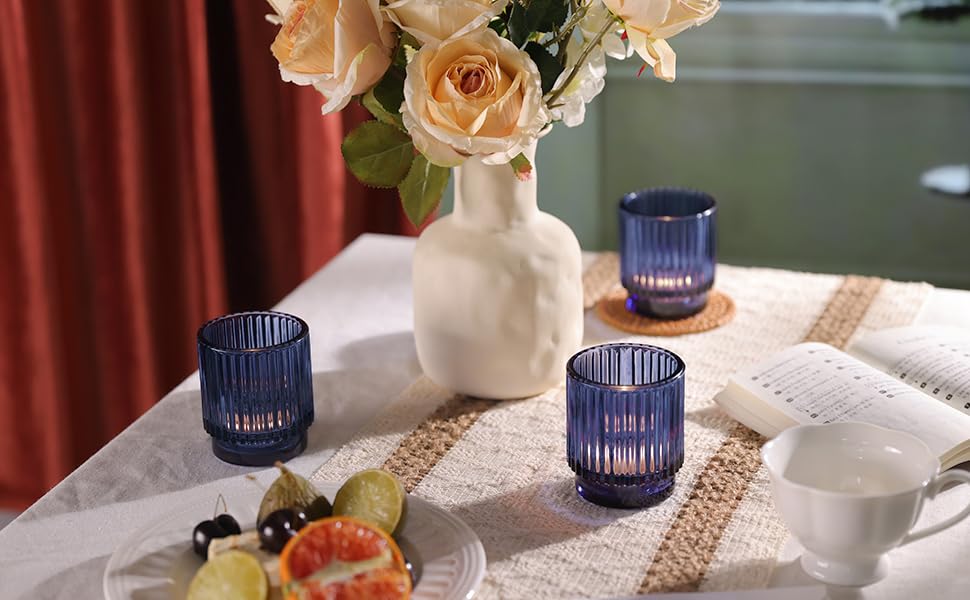 8-Piece Blue Glass Votive Candle Holders Set - Ribbed Tealight Holders for Wedding Centerpieces & Table Decorations, Navy Blue Party Decor, Perfect for Weddings, Dinner Parties, and Romantic Home Ambiance