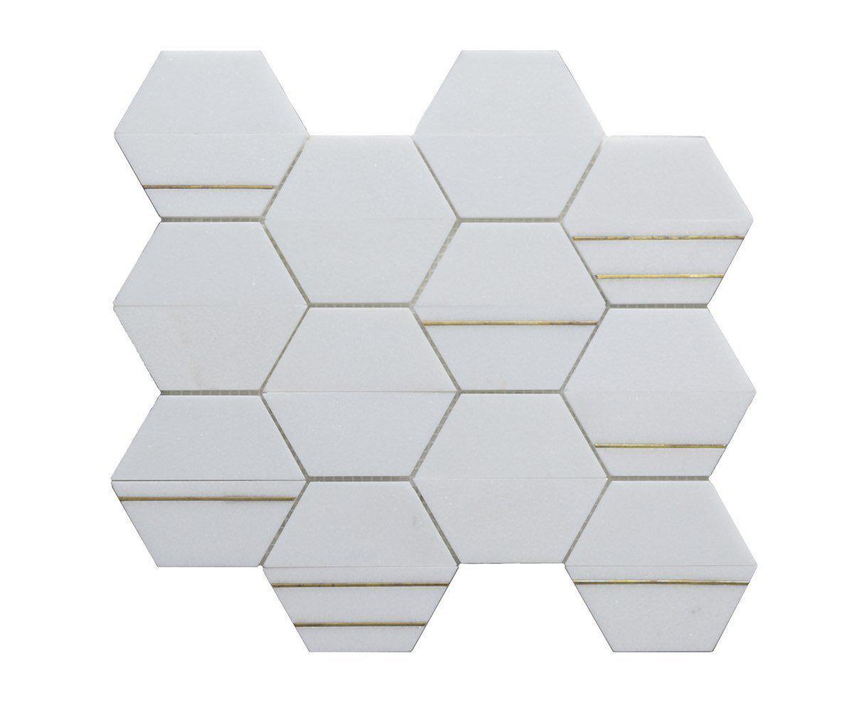 Premium Inlay Brass Gold Hexagon Thassos Tile - Elegant Mosaic Wall & Floor Decor for Bathroom, Kitchen Backsplash, and Poolside Accents