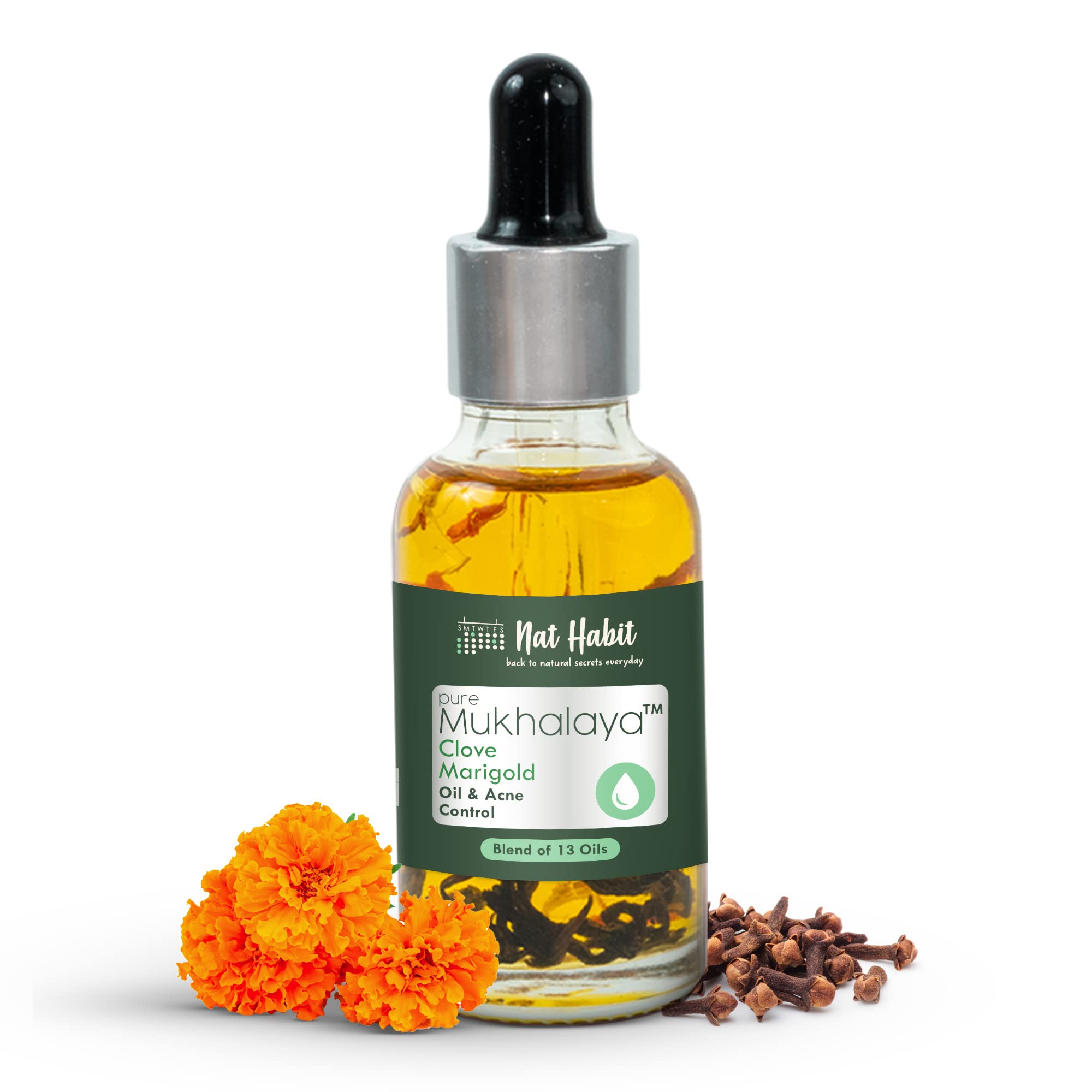 Nat Habit Clove Marigold Face Oil for Acne-Prone Skin - 100% Natural Cold Pressed Oil Blend with 13 Botanicals to Control Breakouts & Balance Sebum - 15ml Mukhalaya Oil for Women - Perfect for Daily Skincare Routine & Overnight Treatment