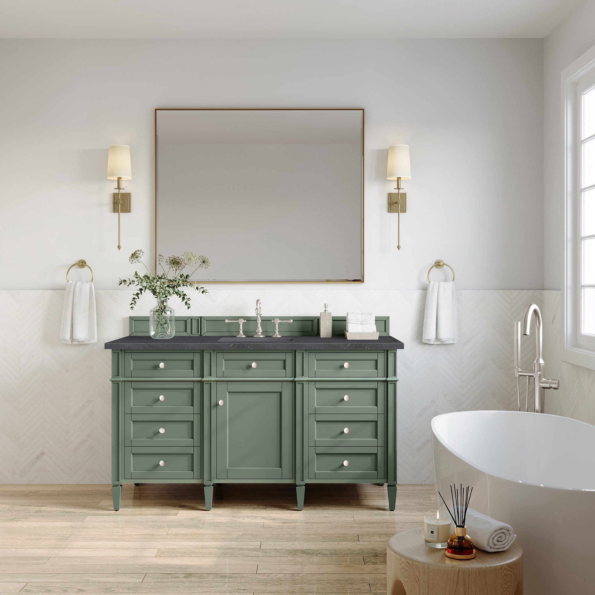 Brittany 60-Inch Single Bathroom Vanity in Smokey Celadon with 3CM Charcoal Soapstone Countertop - Perfect for Modern Master Bathrooms and Powder Rooms