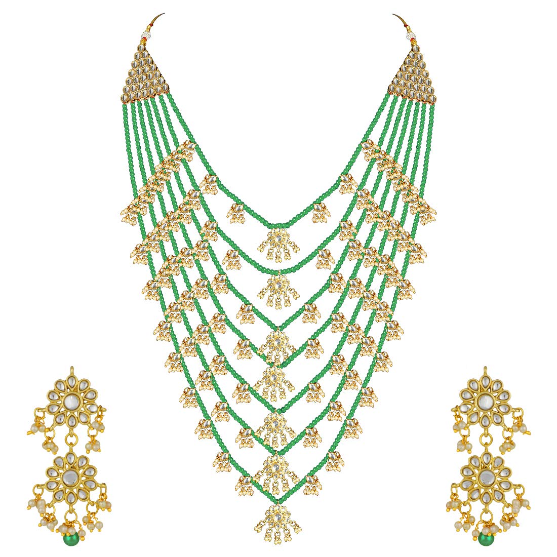 Multi-Layered Pearl & Kundan Necklace Set with Earrings | Indian Traditional Bollywood Jewelry for Women | Perfect for Weddings, Parties & Special Occasions