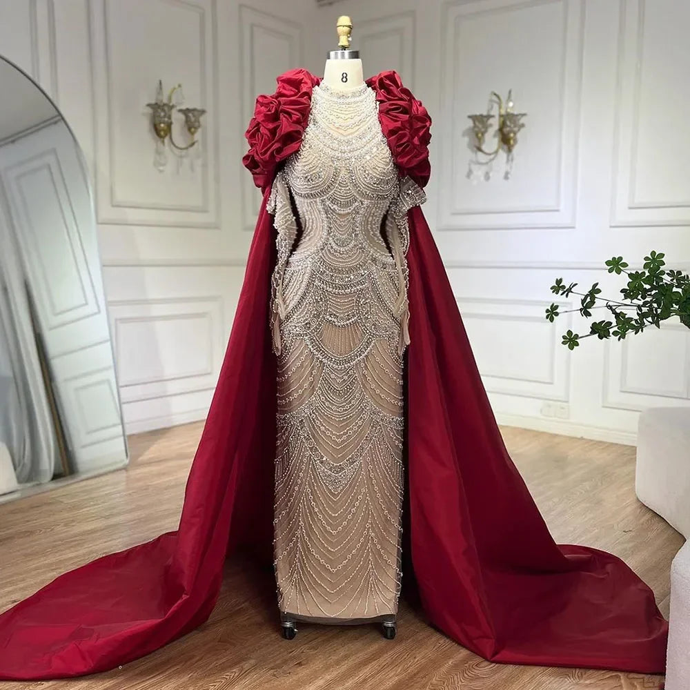 Luxury Dubai Arabian Nude Mermaid Evening Gown with Pearl Beading - Elegant Formal Dress for Weddings, Galas & Special Occasions - LA72091A
