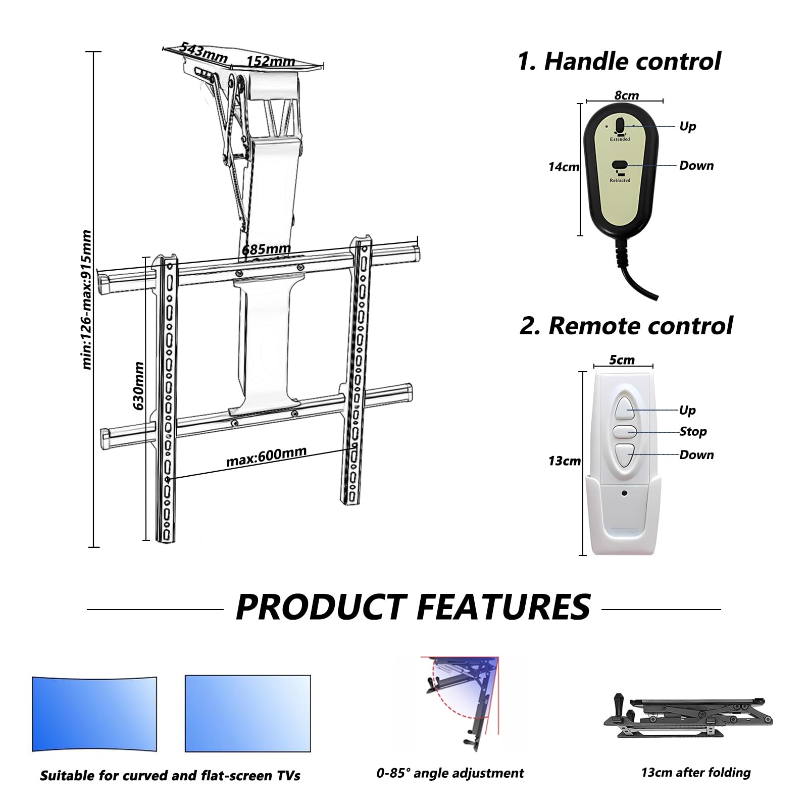 Electric TV Mount Bracket with Remote & Switch Control - Motorized Ceiling & Wall Mount for 32-70 Inch TVs - Perfect for Home Theater, Living Room & Bedroom Setup