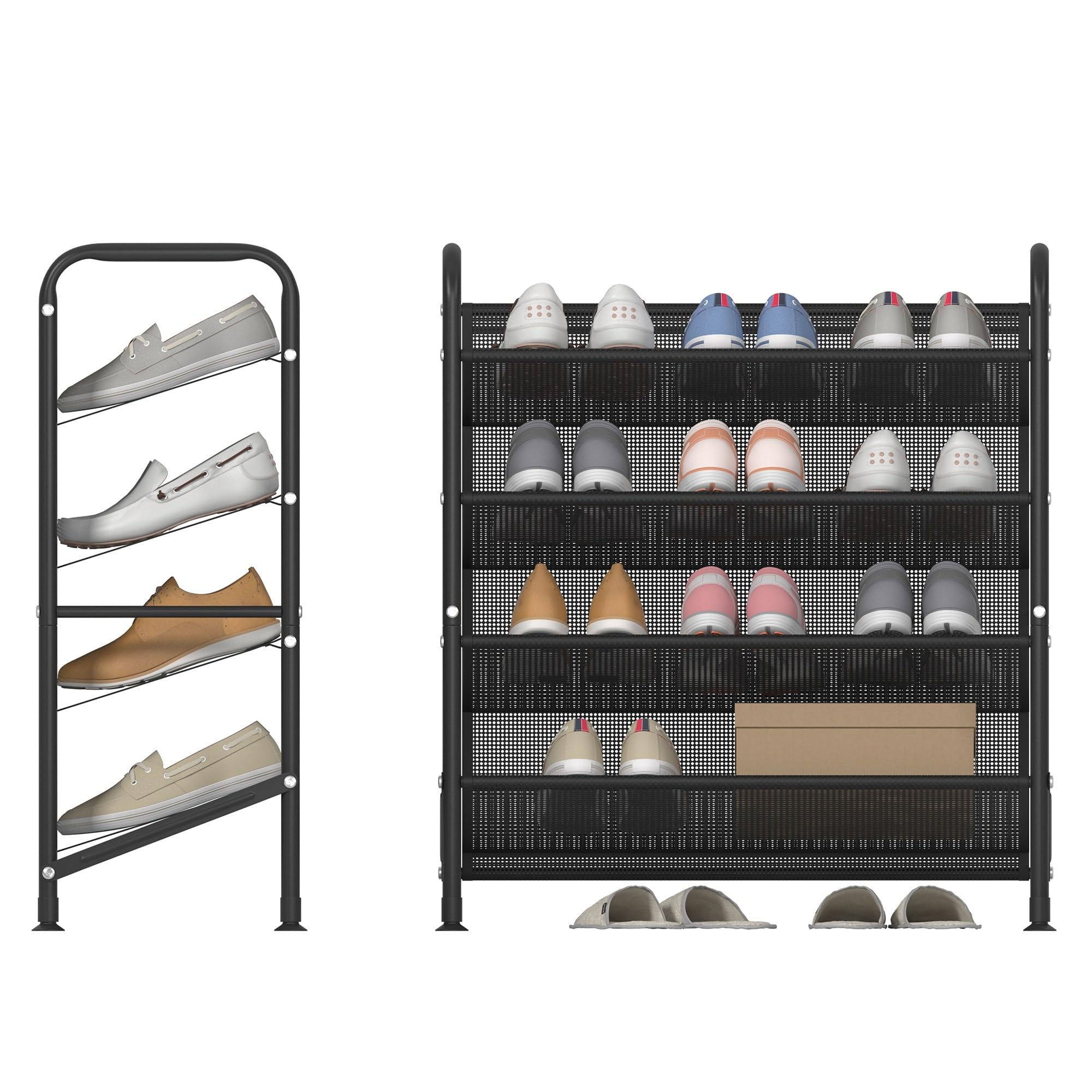 4-Tier Metal Shoe Rack Organizer - Space Saving Narrow Shoe Storage Shelf for Closet, Entryway, Hallway & Dorm Room - Durable Mesh Fabric Design (Black) - Perfect for Small Spaces & Apartment Living