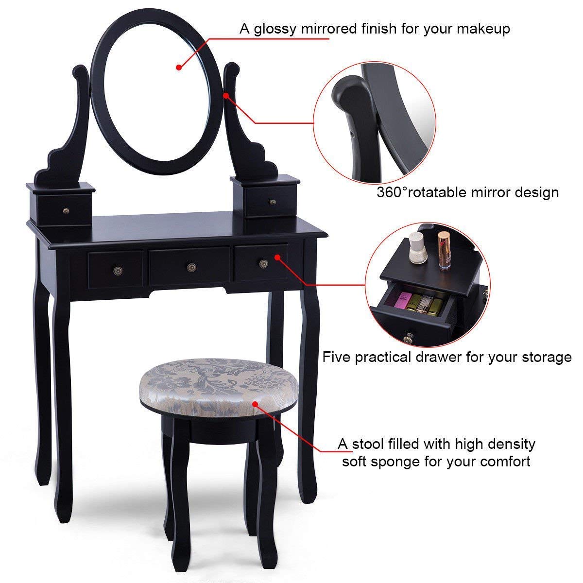 Casart Vanity Makeup Table Set with Cushioned Stool & 360° Swivel Mirror - 5-Drawer Dressing Table for Bedroom, Black Wooden Vanity Set - Perfect for Makeup, Skincare & Jewelry Organization