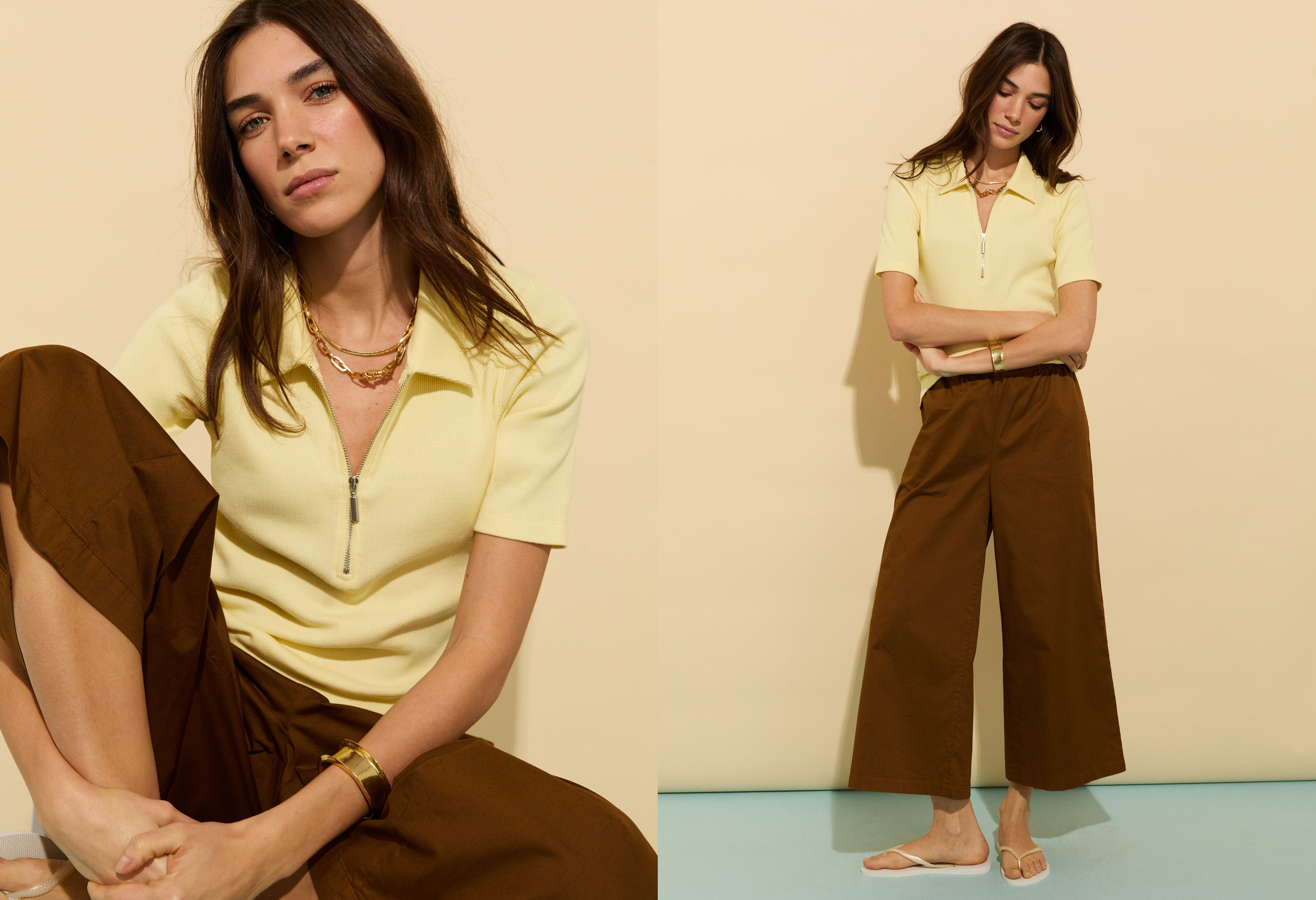 Ivy Organic Rib Zip Collar Top in Butter Yellow | Women's Casual & Workwear Blouse | Perfect for Office, Date Night & Spring Outfits