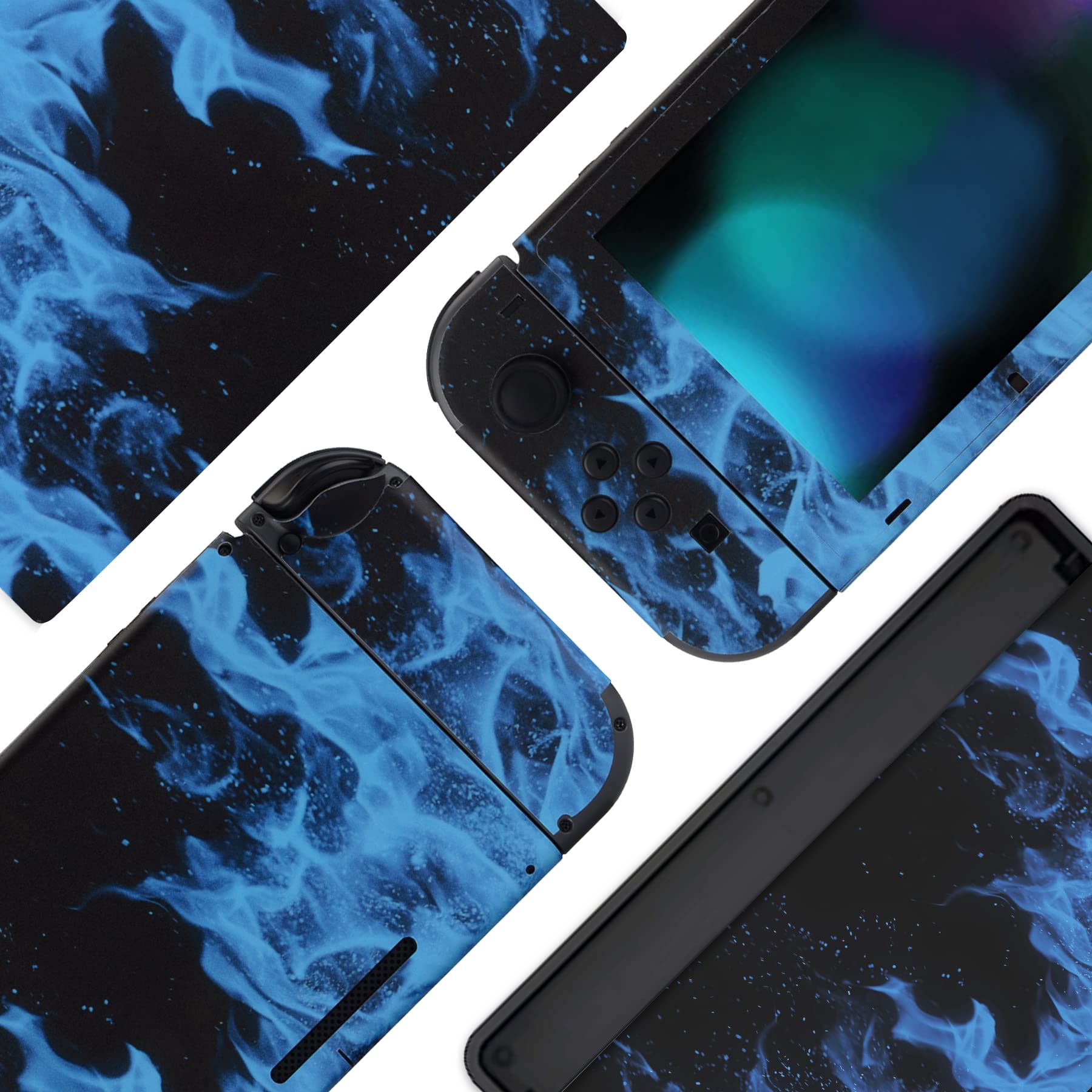PlayVital 2-Piece Protective Skin Decal Set for Nintendo Switch - Full Coverage Stickers for Console, Joy-Con, Dock & Grip - Blue Flame Design | Perfect for Gaming Protection & Customization