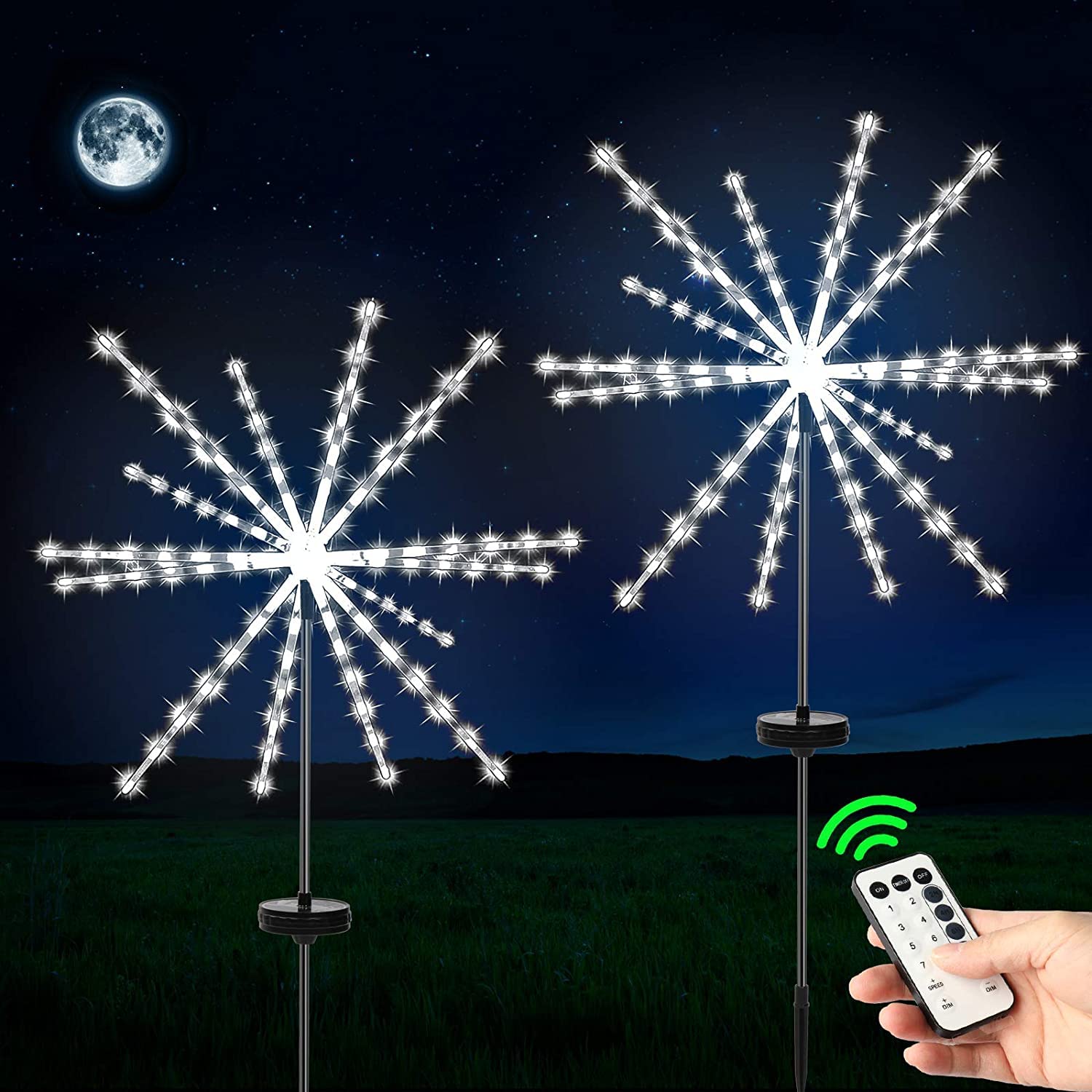 FOOING 2 Pack Solar Firework Meteor Lights - Outdoor Solar Garden Lights with 8 Modes & Remote Control - Waterproof Starry Starburst Landscape Lighting for Lawn, Patio, Yard, Pathway (White) | Perfect for Backyard Decor, Holiday Parties & Wedding Outdoor Lighting