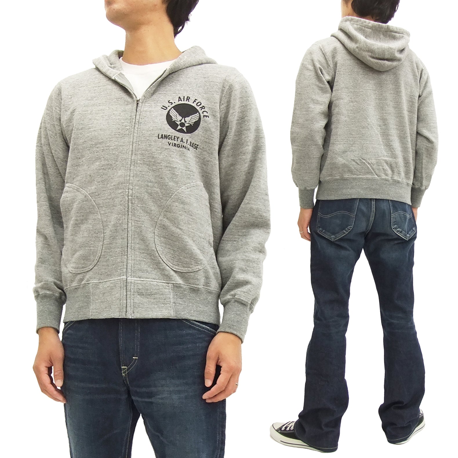 Buzz Rickson Men's USAAF Insignia Zip Front Hooded Sweatshirt - Heather Gray | Vintage Military Style Hoodie for Casual Wear & Outdoor Activities