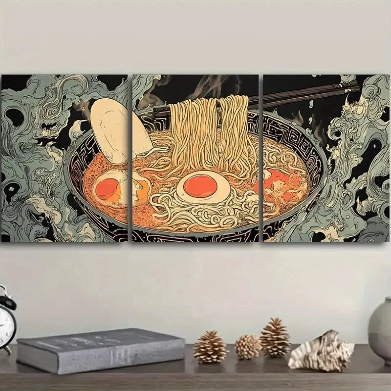 3-Piece Ramen Bowl Green Metal Wall Art - Ready to Hang Japanese Food Decor for Kitchen, Dining Room & Office