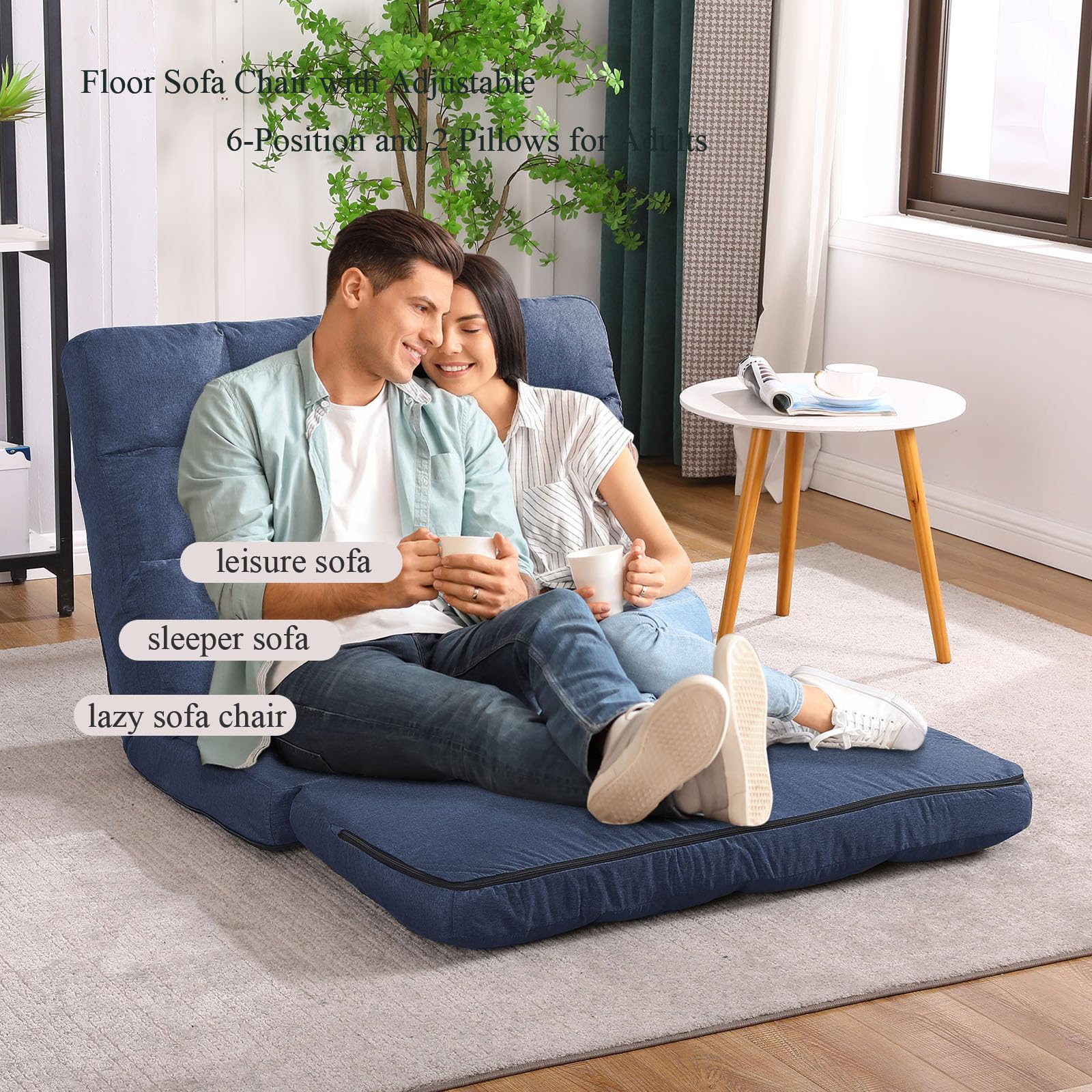 FLOGUOR Adjustable Floor Sofa Chair with 2 Pillows - 14-Position Reclining Folding Chaise Lounge for Adults - Removable Cover & Sturdy Metal Frame - Perfect for Bedroom, Living Room, Apartment & Small Spaces - Great for Lounging, Reading, TV Watching & Relaxing
